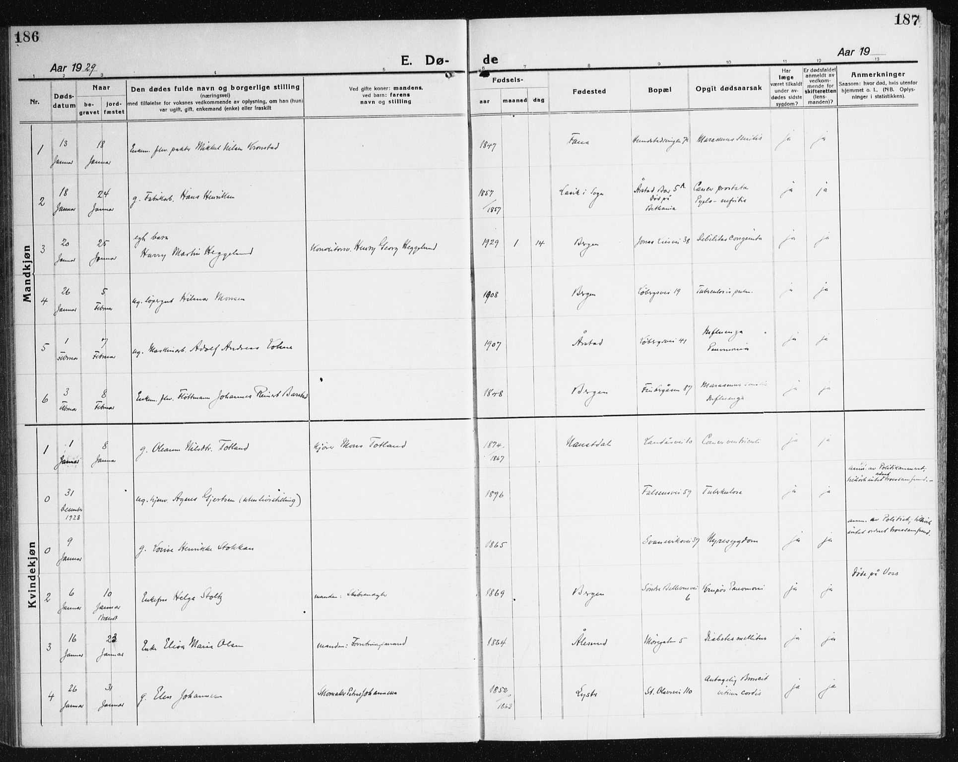 Årstad Sokneprestembete, AV/SAB-A-79301/H/Haa/L0010: Parish register (official) no. E 1, 1921-1940, p. 186-187