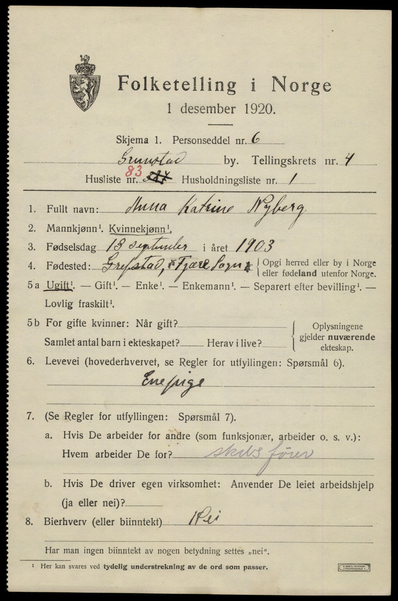 SAK, 1920 census for Grimstad, 1920, p. 6355