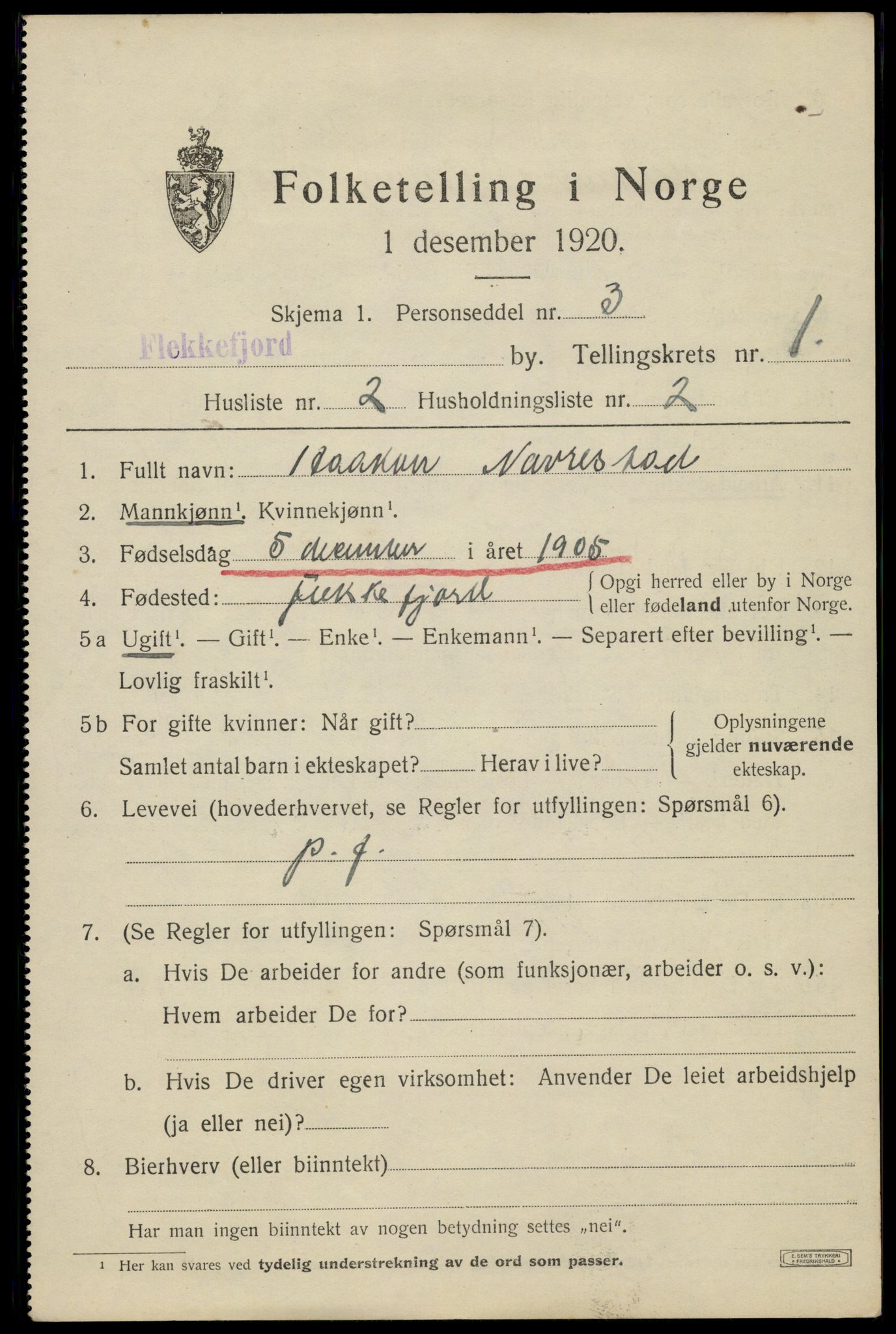 SAK, 1920 census for Flekkefjord, 1920, p. 1922