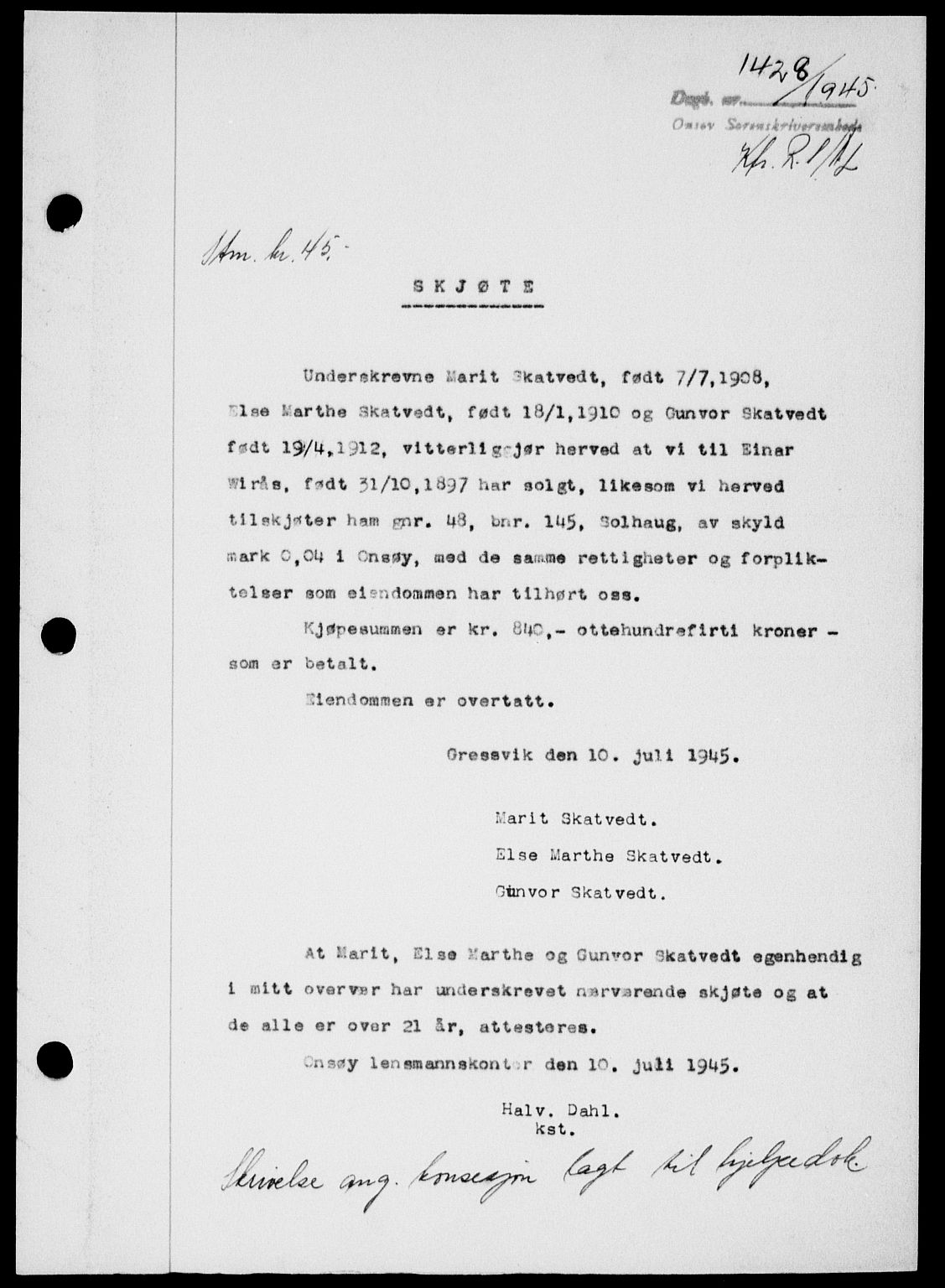 Onsøy sorenskriveri, SAO/A-10474/G/Ga/Gab/L0015: Mortgage book no. II A-15, 1945-1946, Diary no: : 1428/1945