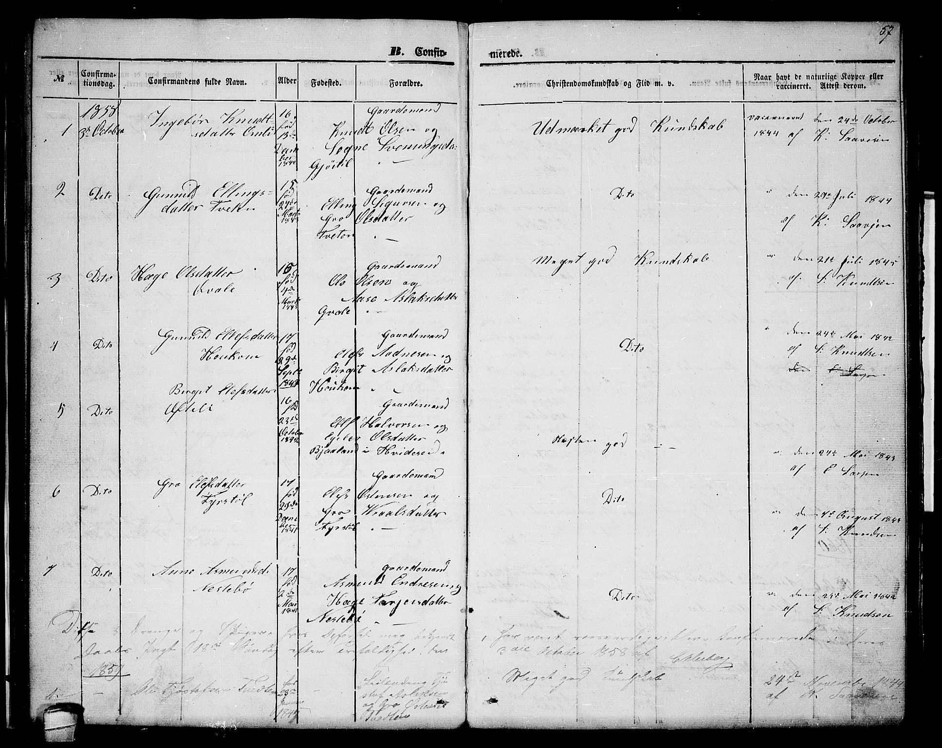 Lårdal kirkebøker, SAKO/A-284/G/Gc/L0002: Parish register (copy) no. III 2, 1852-1877, p. 57