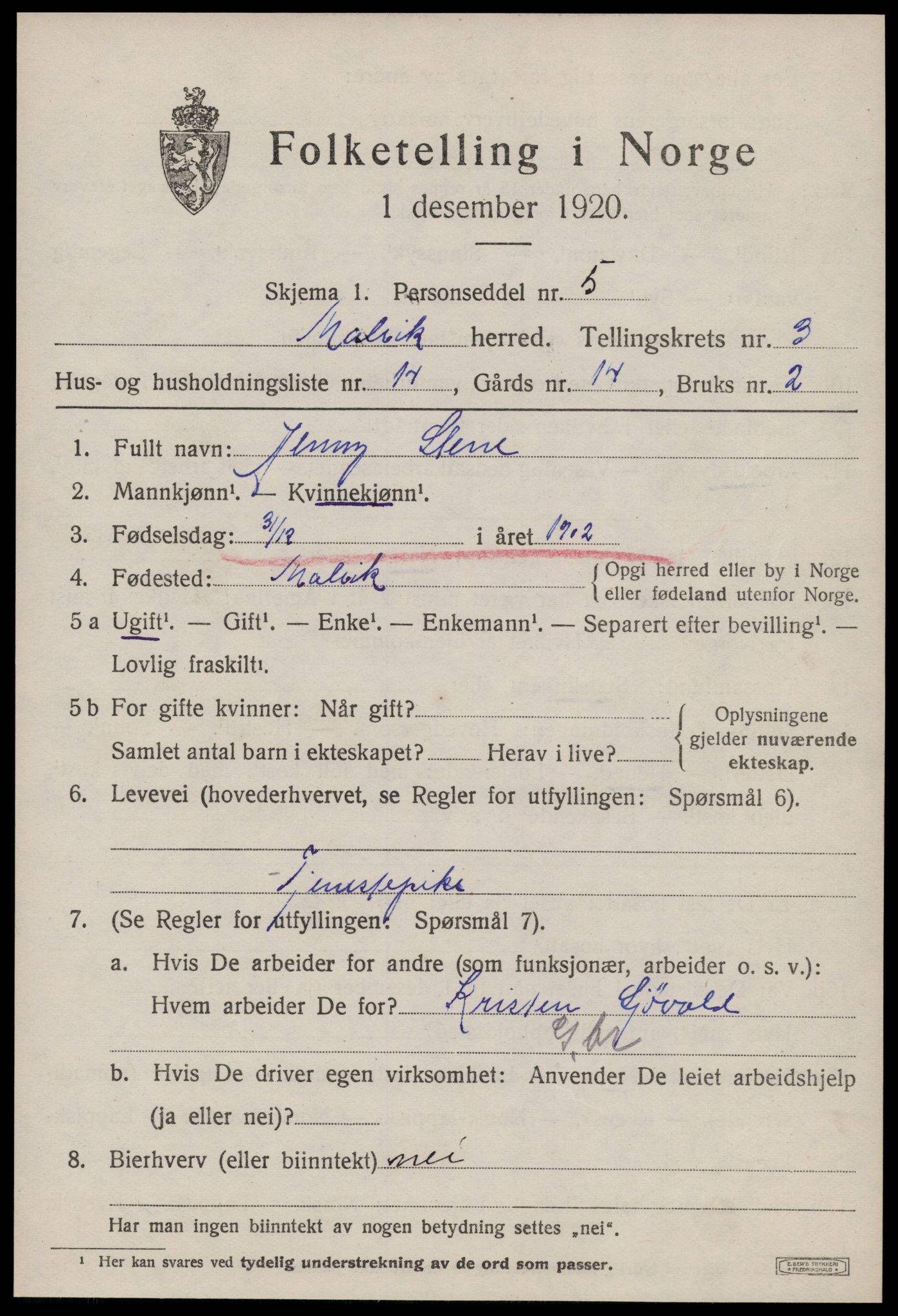 SAT, 1920 census for Malvik, 1920, p. 2546