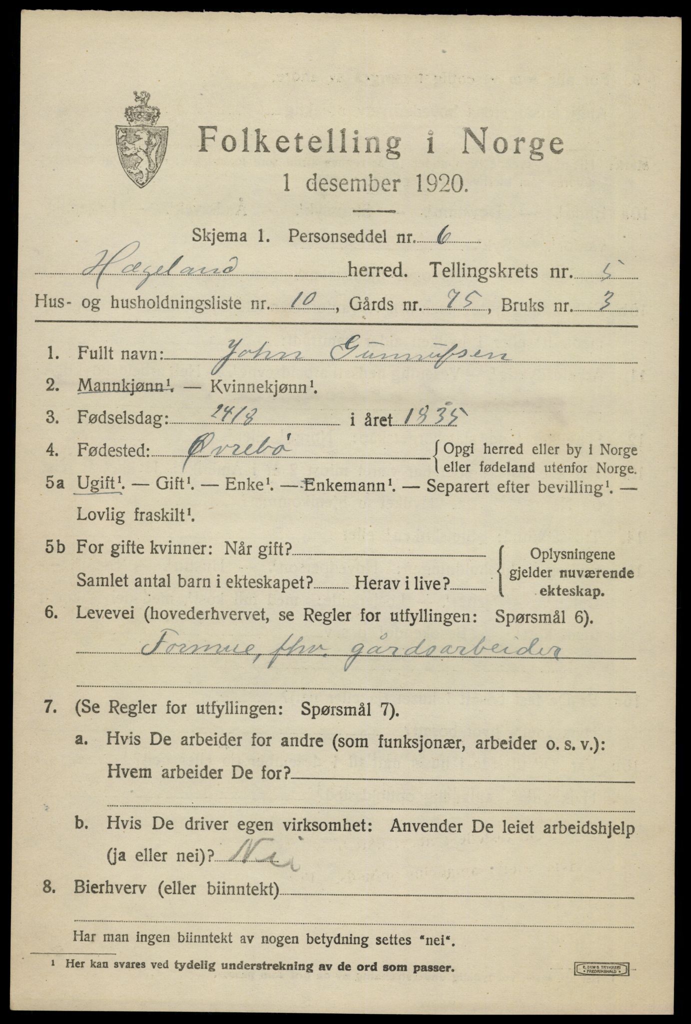 SAK, 1920 census for Hægeland, 1920, p. 2093