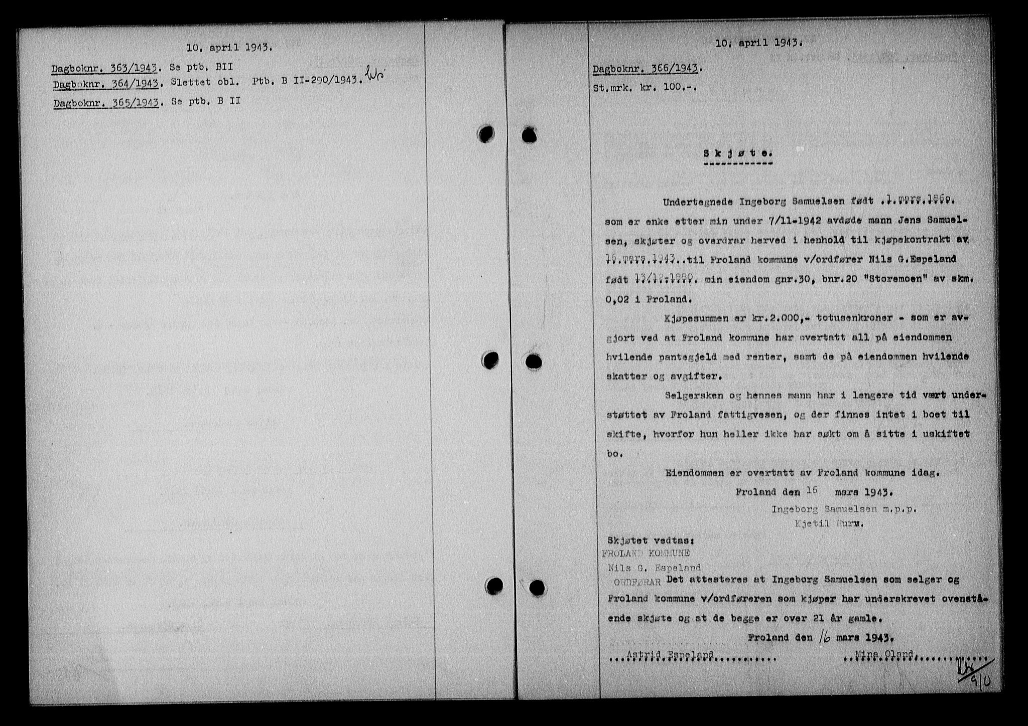 Nedenes sorenskriveri, SAK/1221-0006/G/Gb/Gba/L0050: Mortgage book no. A-IV, 1942-1943, Diary no: : 366/1943