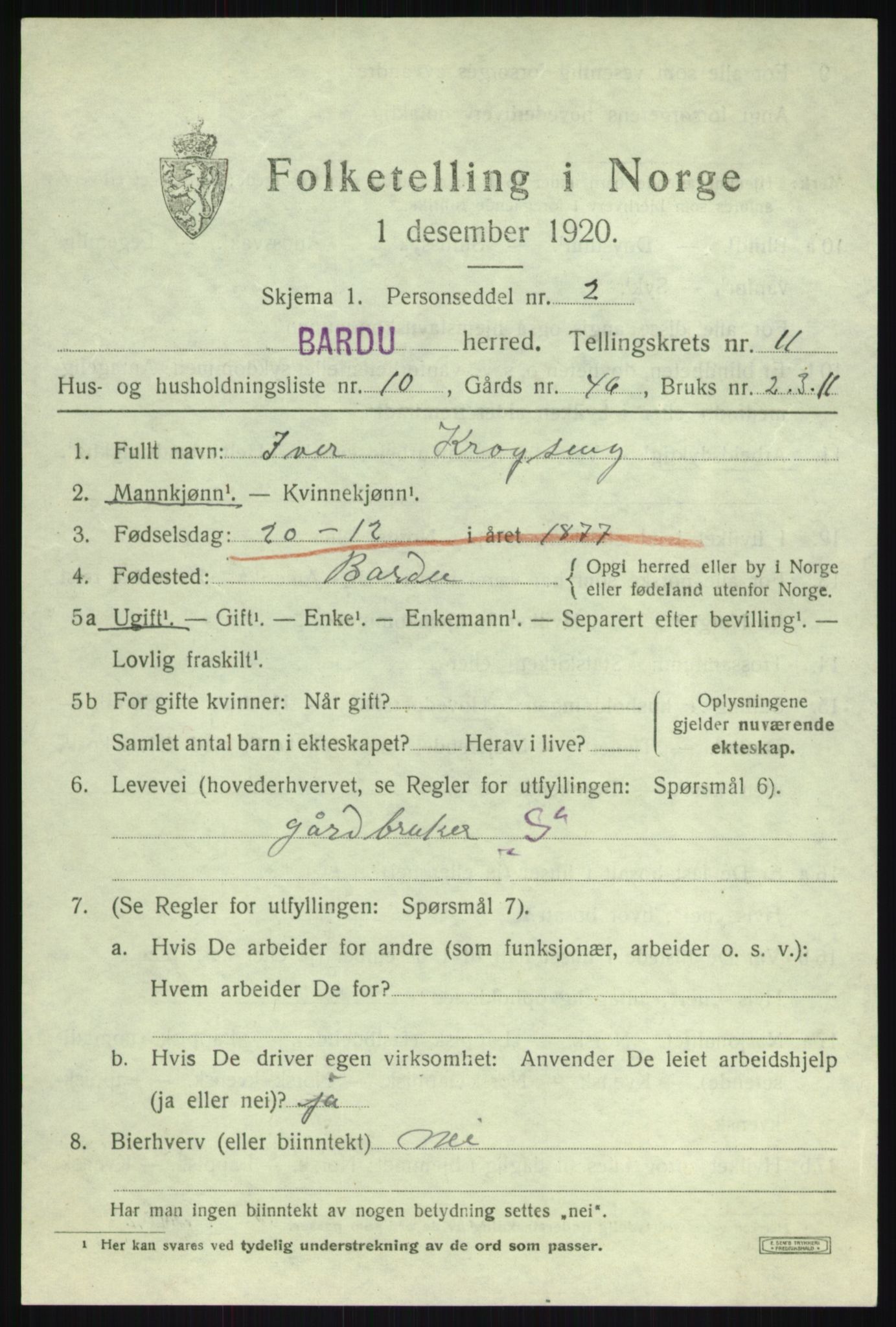 SATØ, 1920 census for Bardu, 1920, p. 3605