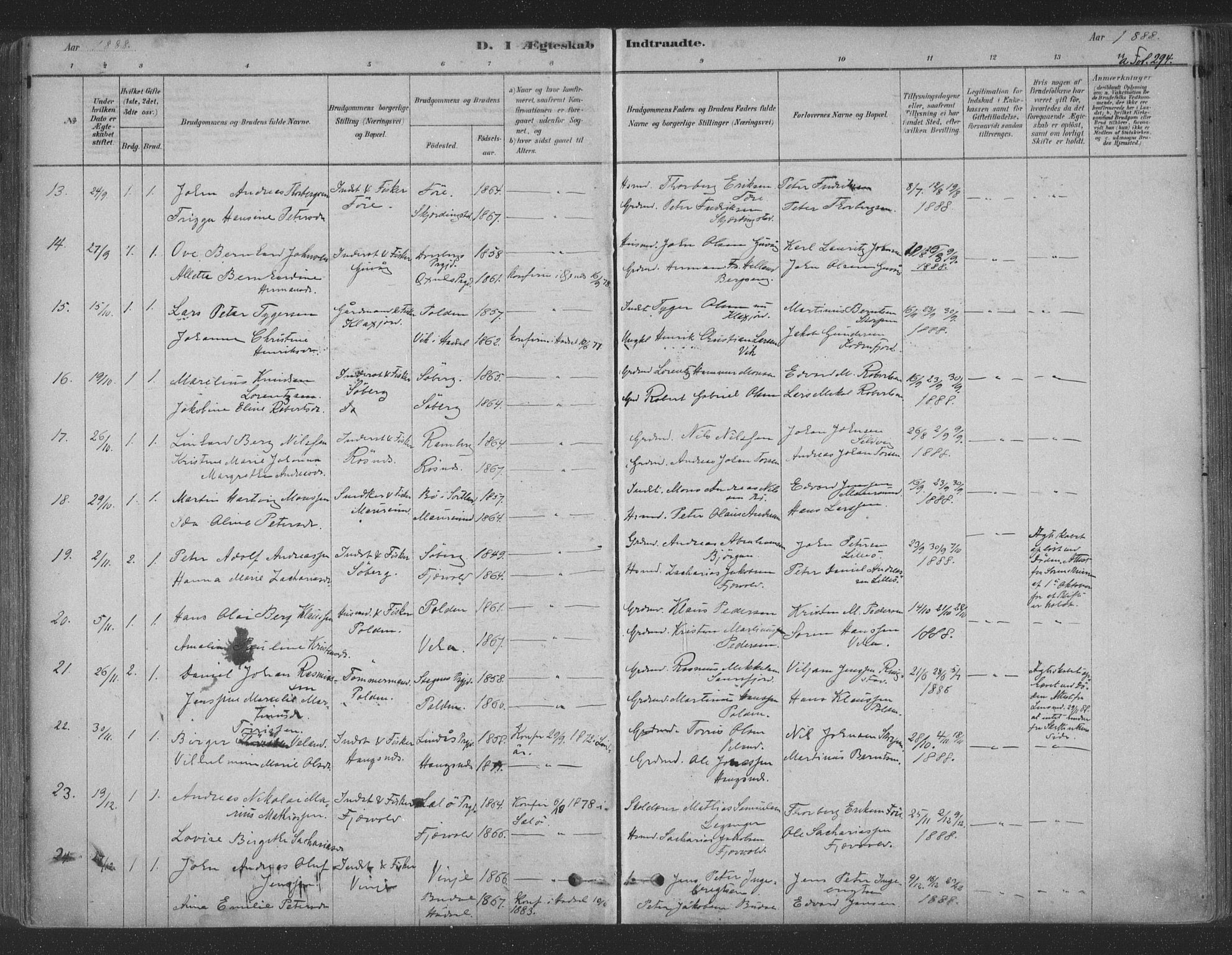 Ministerialprotokoller, klokkerbøker og fødselsregistre - Nordland, AV/SAT-A-1459/891/L1302: Parish register (official) no. 891A07, 1878-1895, p. 294