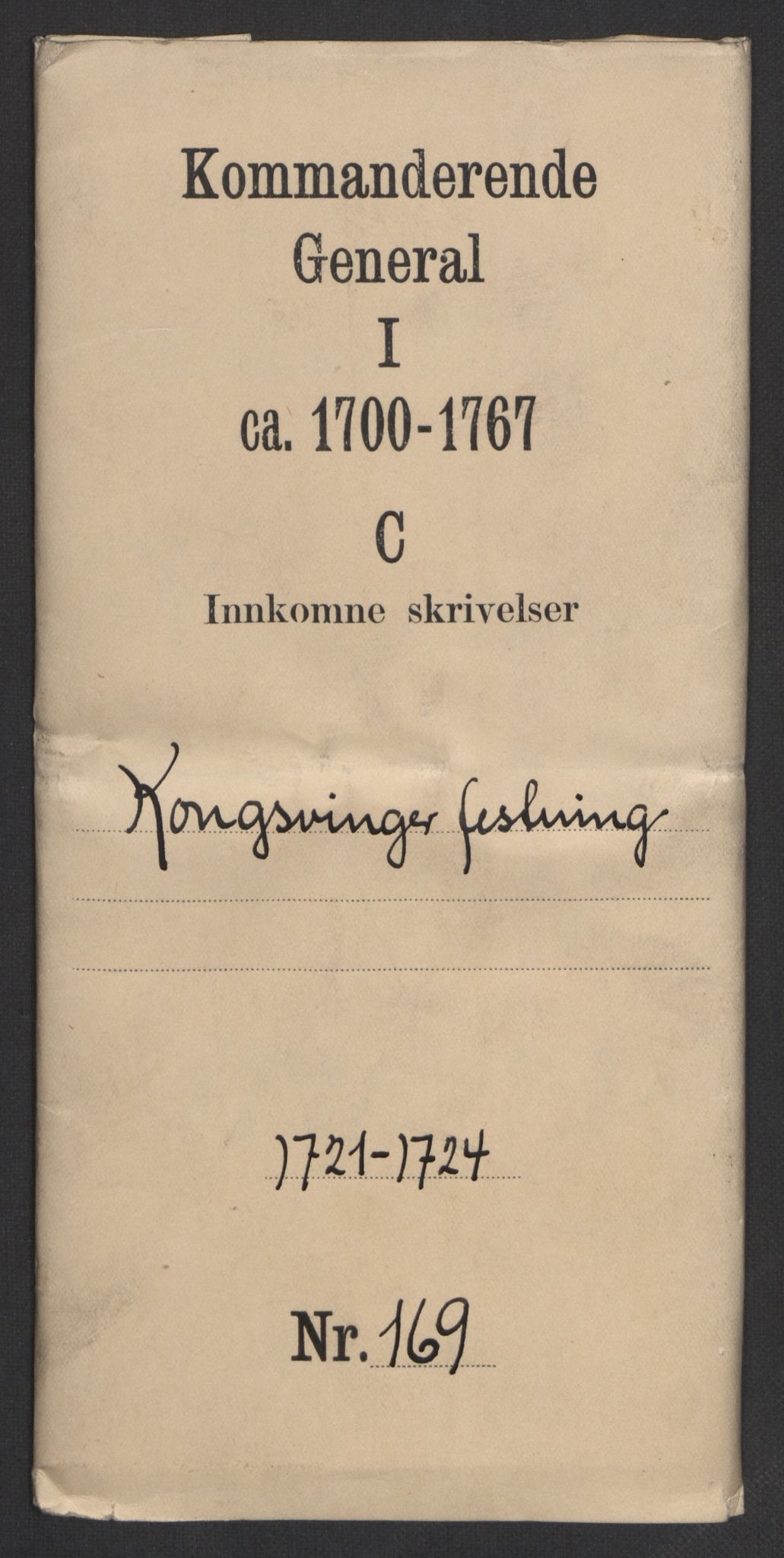 Kommanderende general (KG I) med Det norske krigsdirektorium, RA/EA-5419/D/L0169: Kongsvinger festning: Brev, regnskapsekstrakter og inventarlister, 1721-1724