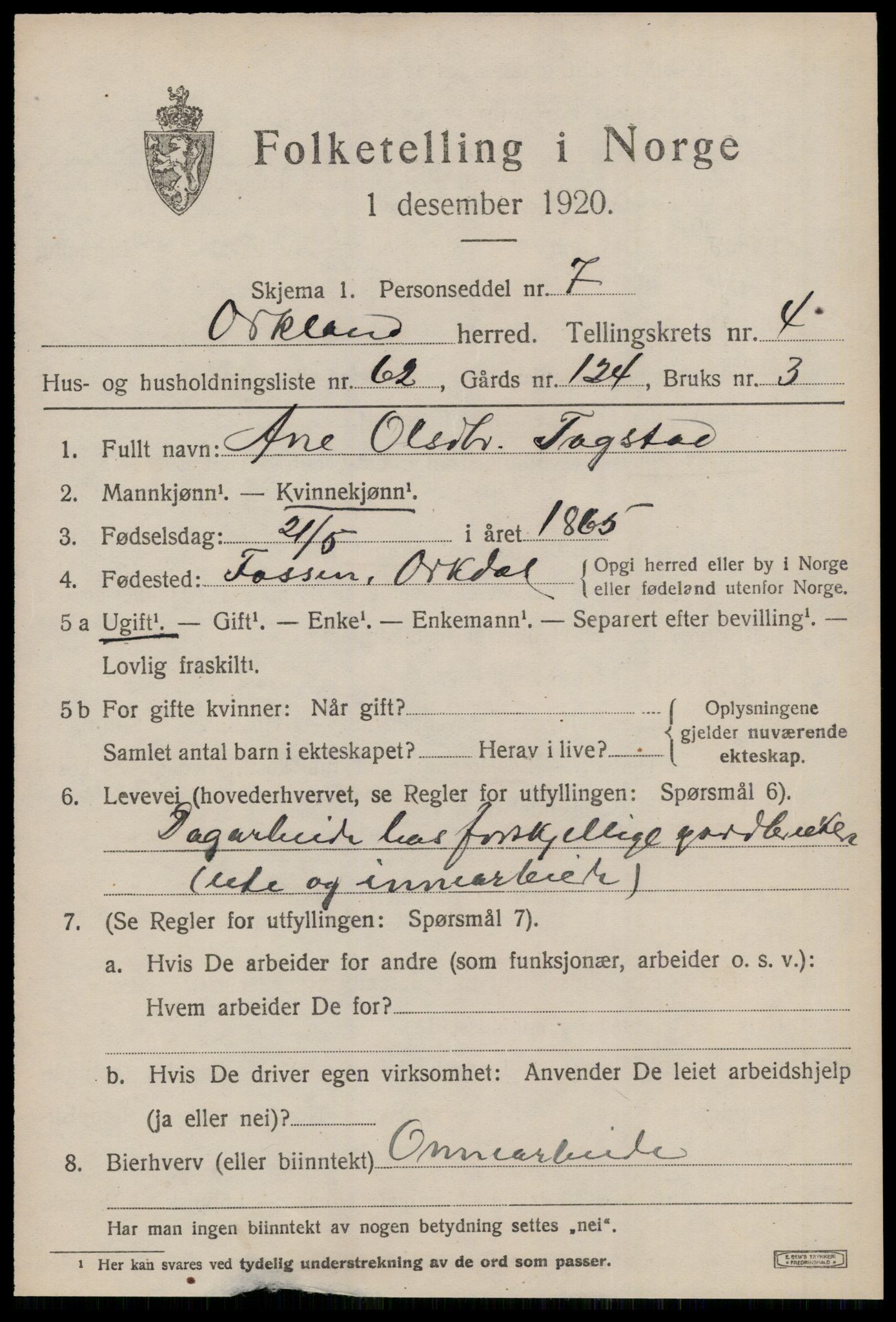 SAT, 1920 census for Orkland, 1920, p. 4020