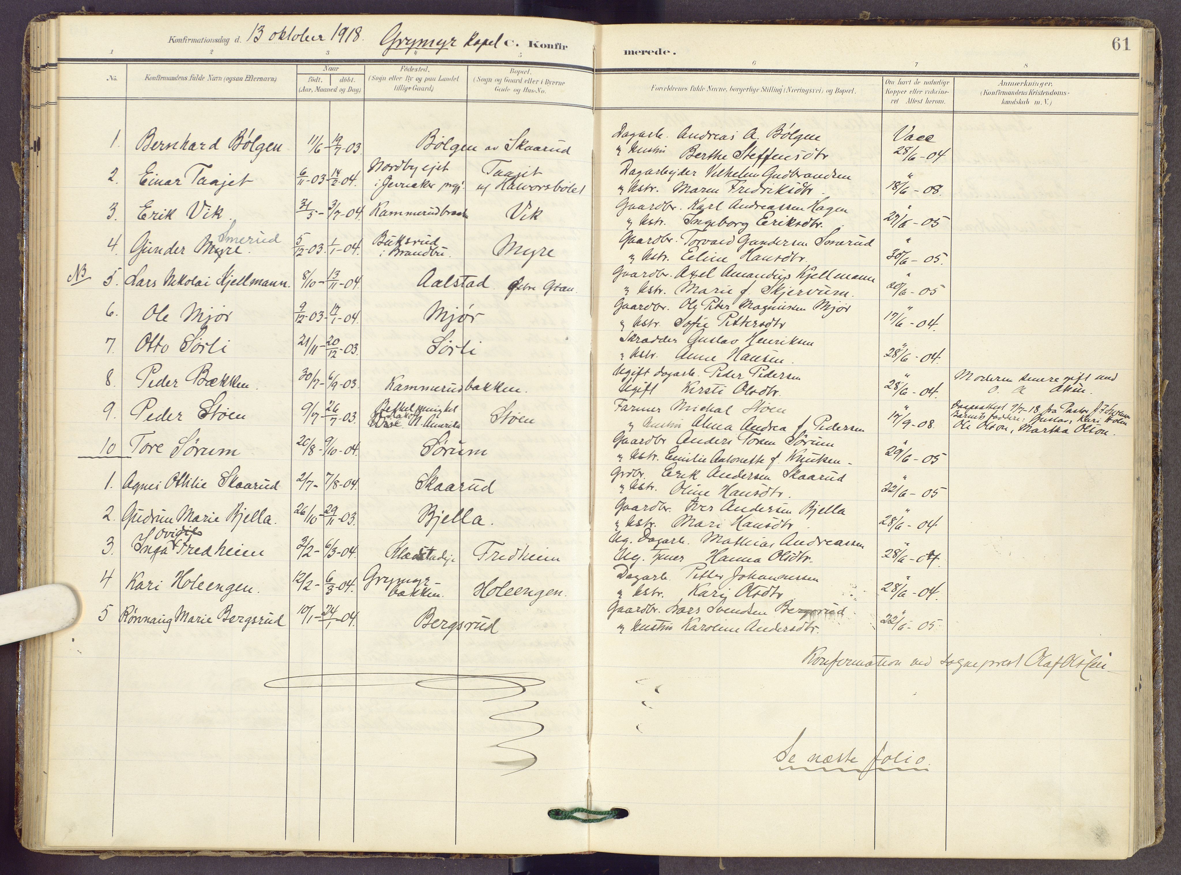 Gran prestekontor, AV/SAH-PREST-112/H/Ha/Haa/L0022: Parish register (official) no. 22, 1908-1918, p. 61