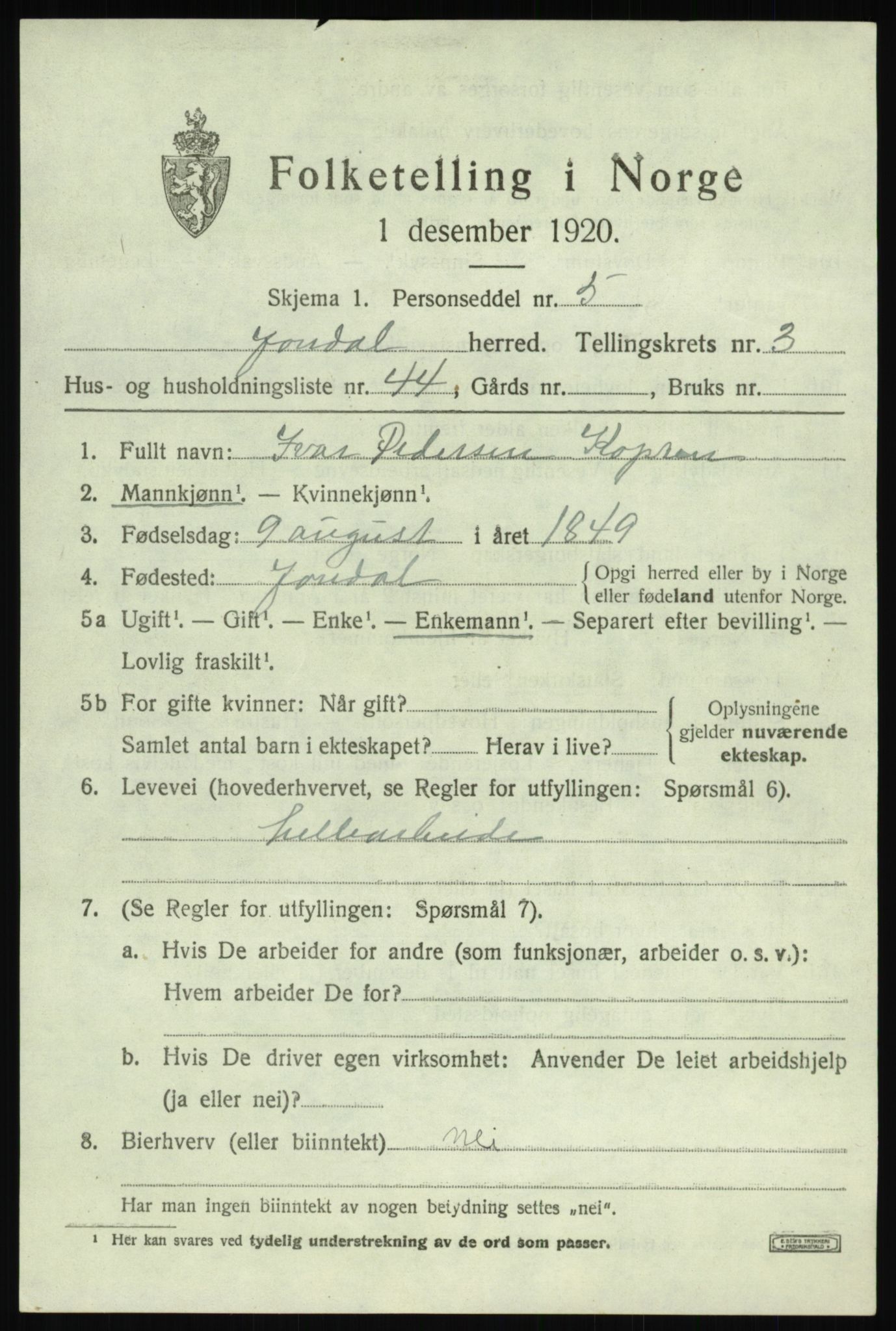 SAB, 1920 census for Jondal, 1920, p. 2198