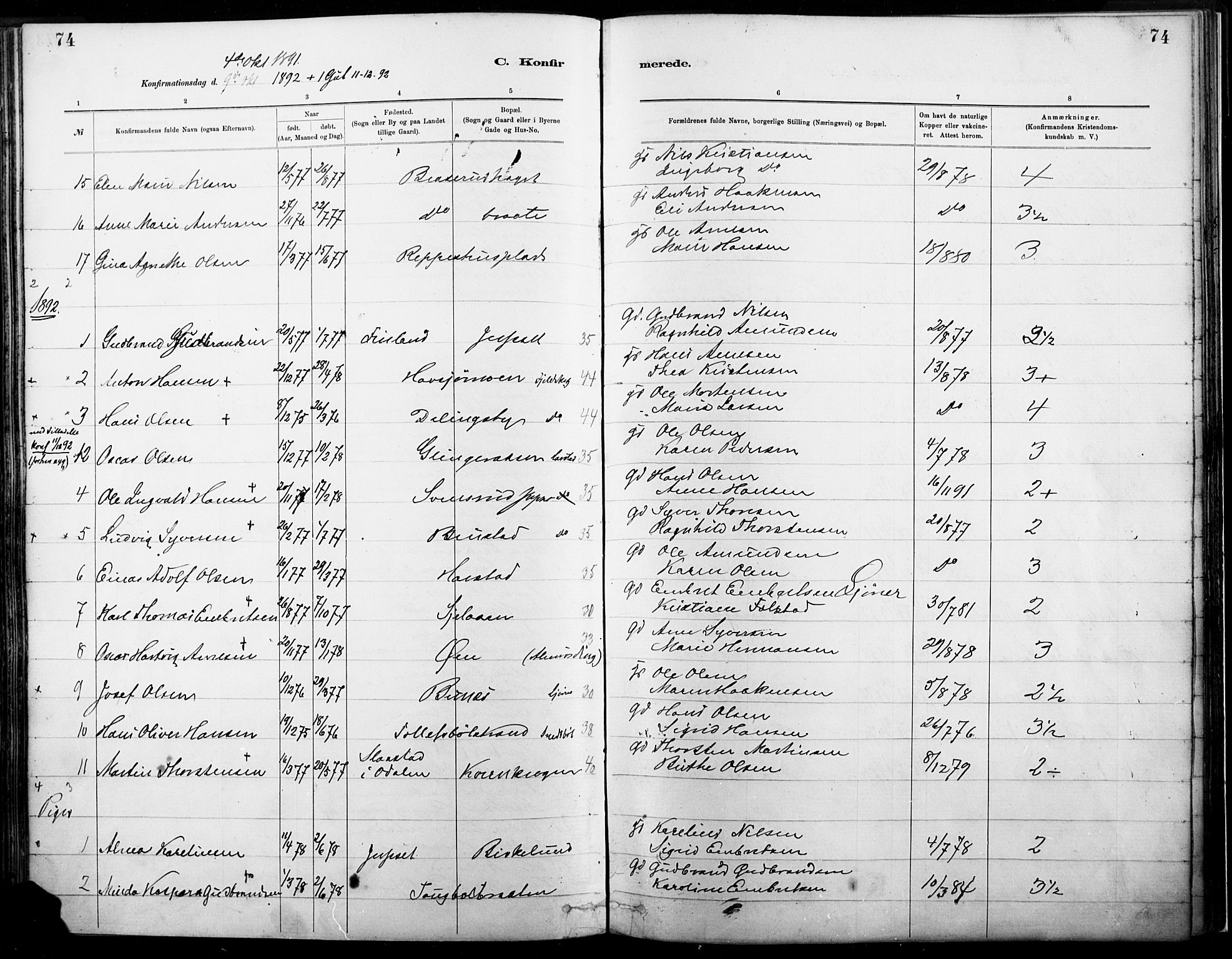 Eidskog prestekontor, AV/SAH-PREST-026/H/Ha/Haa/L0004: Parish register (official) no. 4, 1884-1897, p. 74