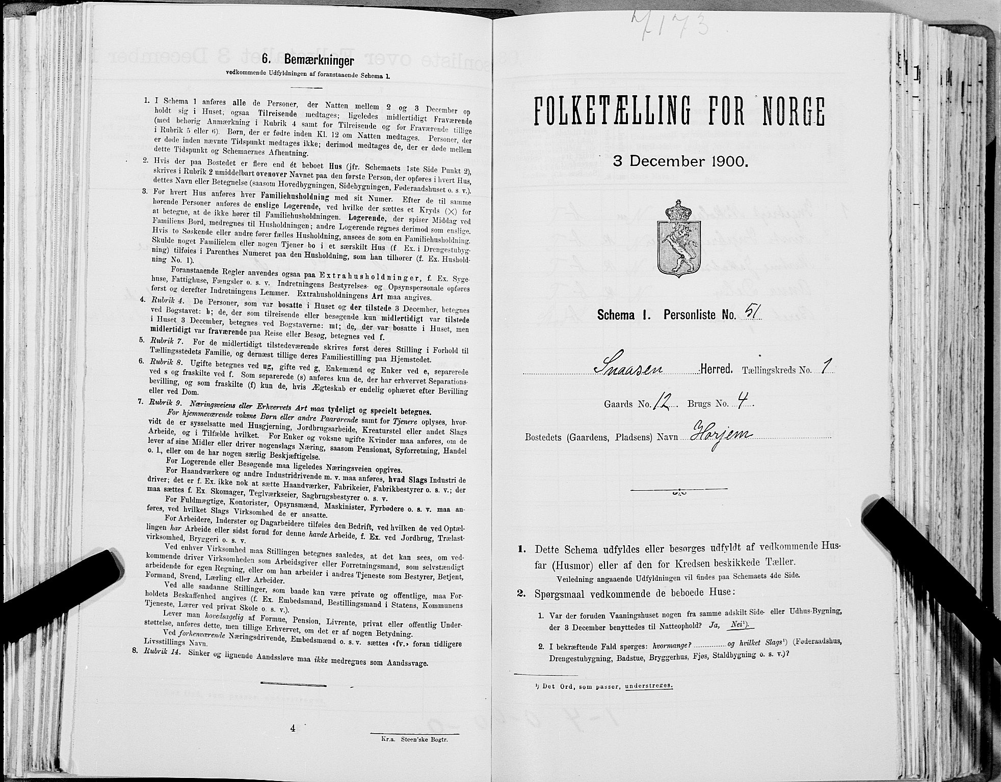 SAT, 1900 census for Snåsa, 1900, p. 171