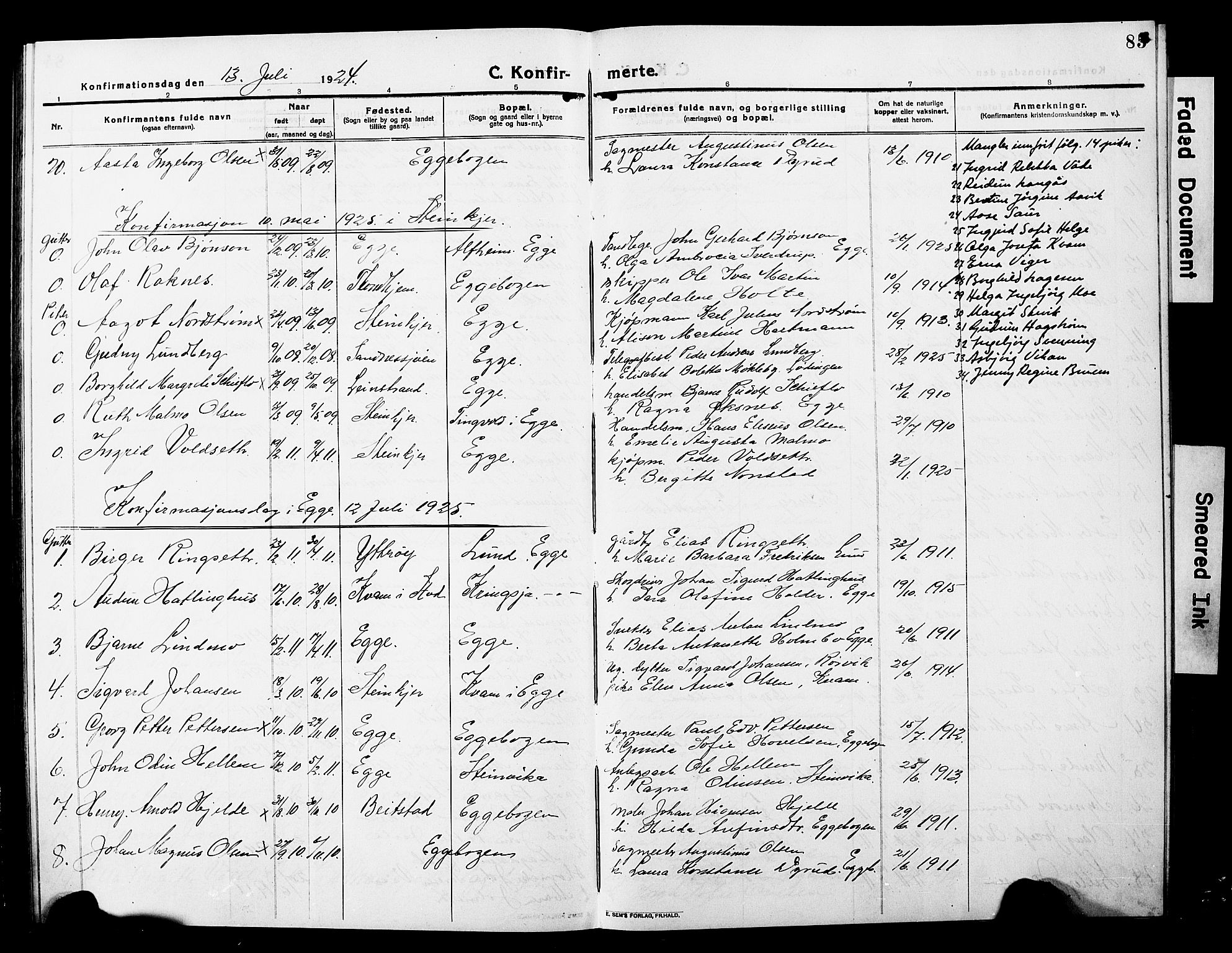 Ministerialprotokoller, klokkerbøker og fødselsregistre - Nord-Trøndelag, SAT/A-1458/740/L0382: Parish register (copy) no. 740C03, 1915-1927, p. 85
