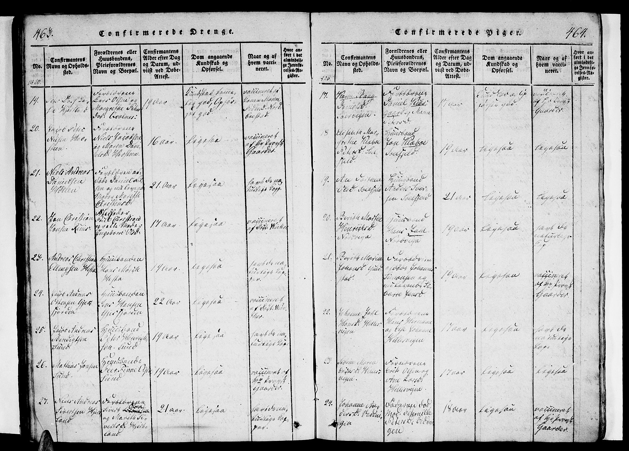 Ministerialprotokoller, klokkerbøker og fødselsregistre - Nordland, AV/SAT-A-1459/834/L0510: Parish register (copy) no. 834C01, 1820-1847, p. 463-464