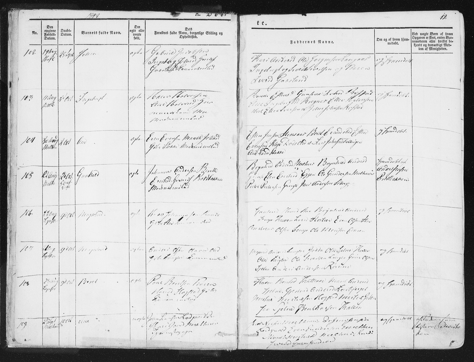 Ministerialprotokoller, klokkerbøker og fødselsregistre - Sør-Trøndelag, AV/SAT-A-1456/691/L1074: Parish register (official) no. 691A06, 1842-1852, p. 12