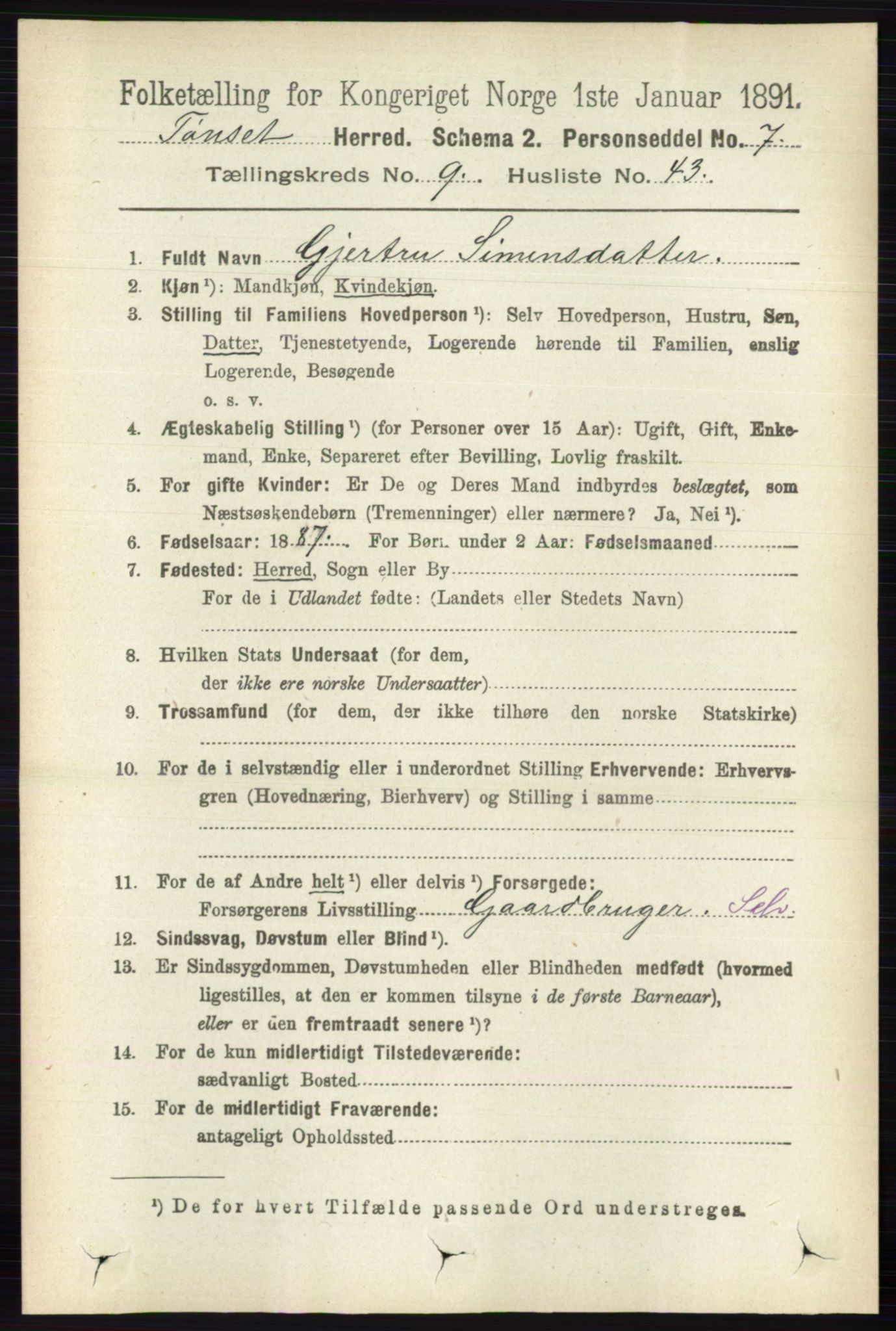 RA, 1891 census for 0437 Tynset, 1891, p. 2692