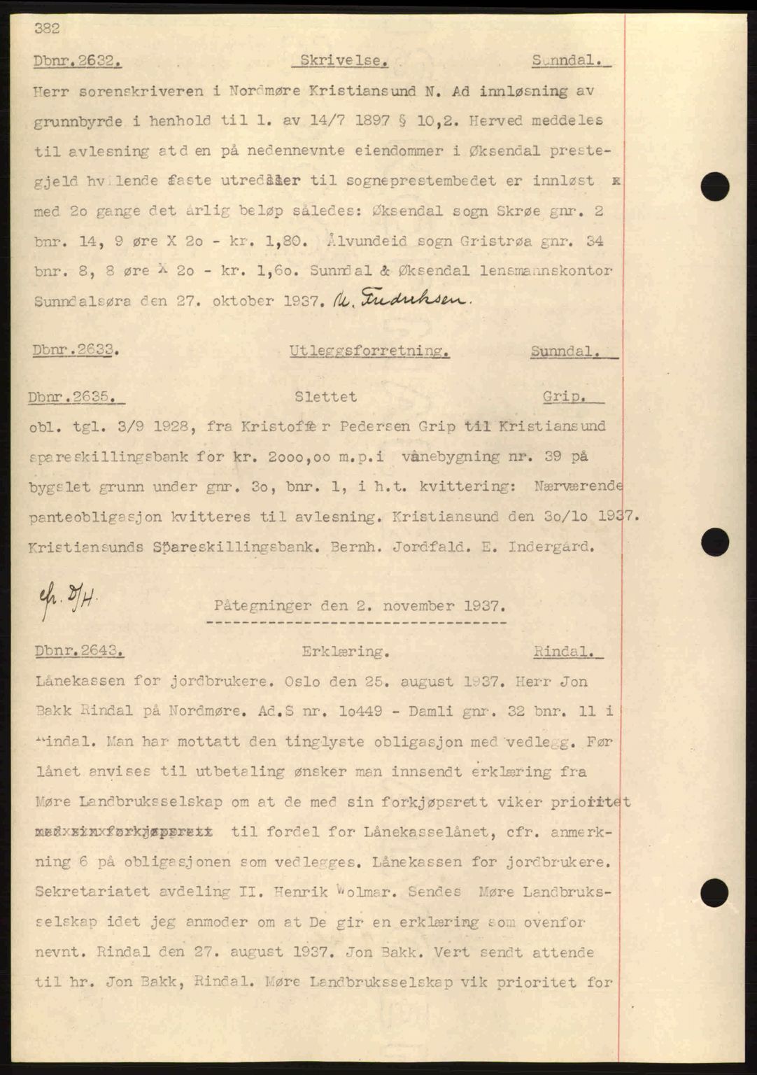 Nordmøre sorenskriveri, AV/SAT-A-4132/1/2/2Ca: Mortgage book no. C80, 1936-1939, Diary no: : 2632/1937