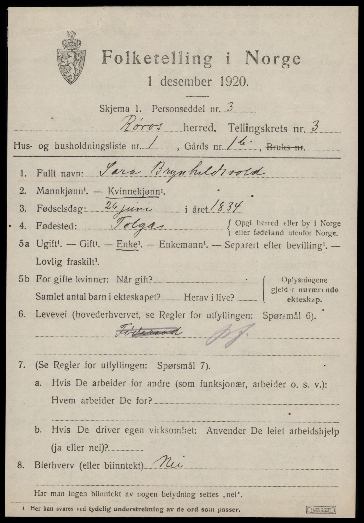 SAT, 1920 census for Røros, 1920, p. 3904