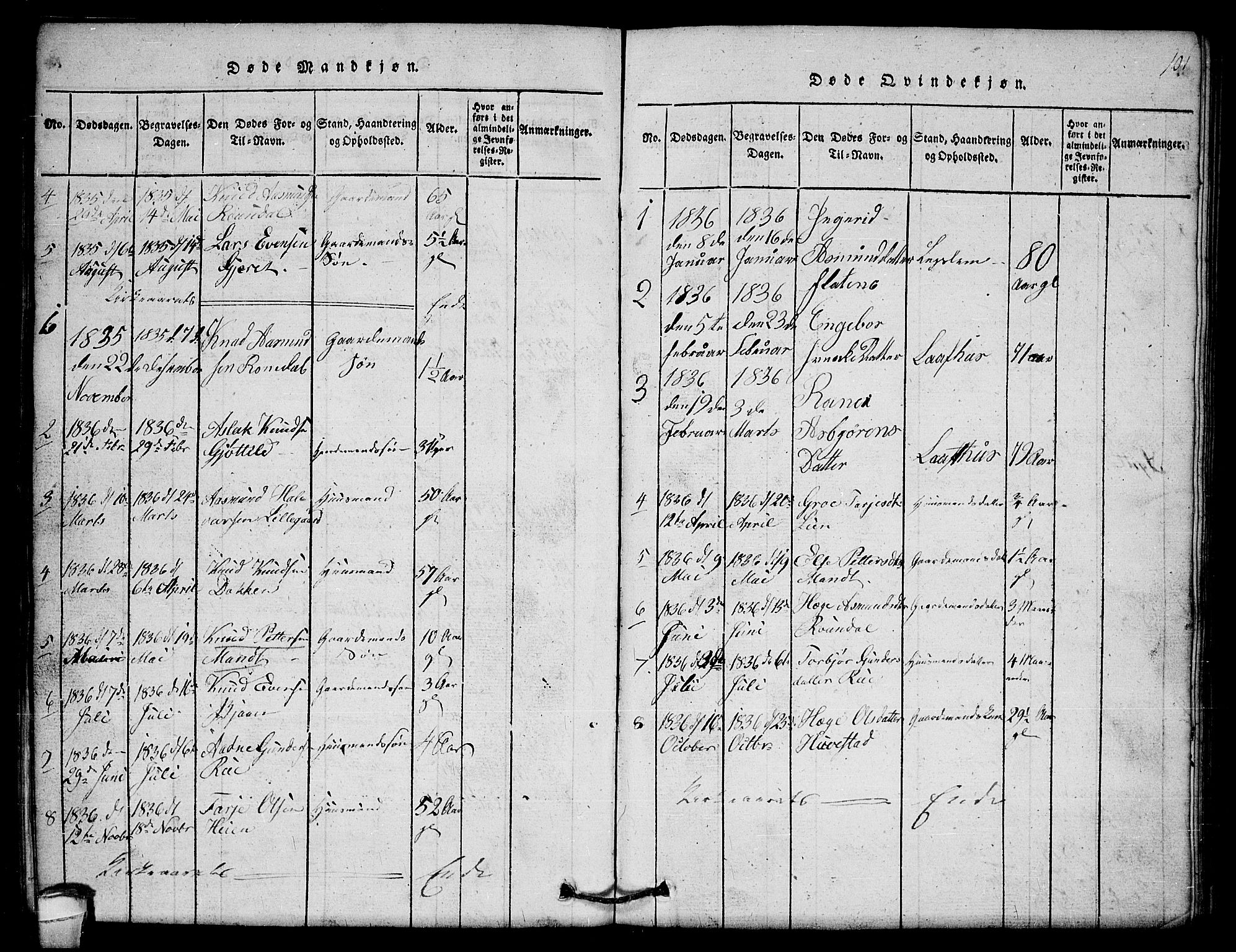 Lårdal kirkebøker, SAKO/A-284/G/Gb/L0001: Parish register (copy) no. II 1, 1815-1865, p. 101