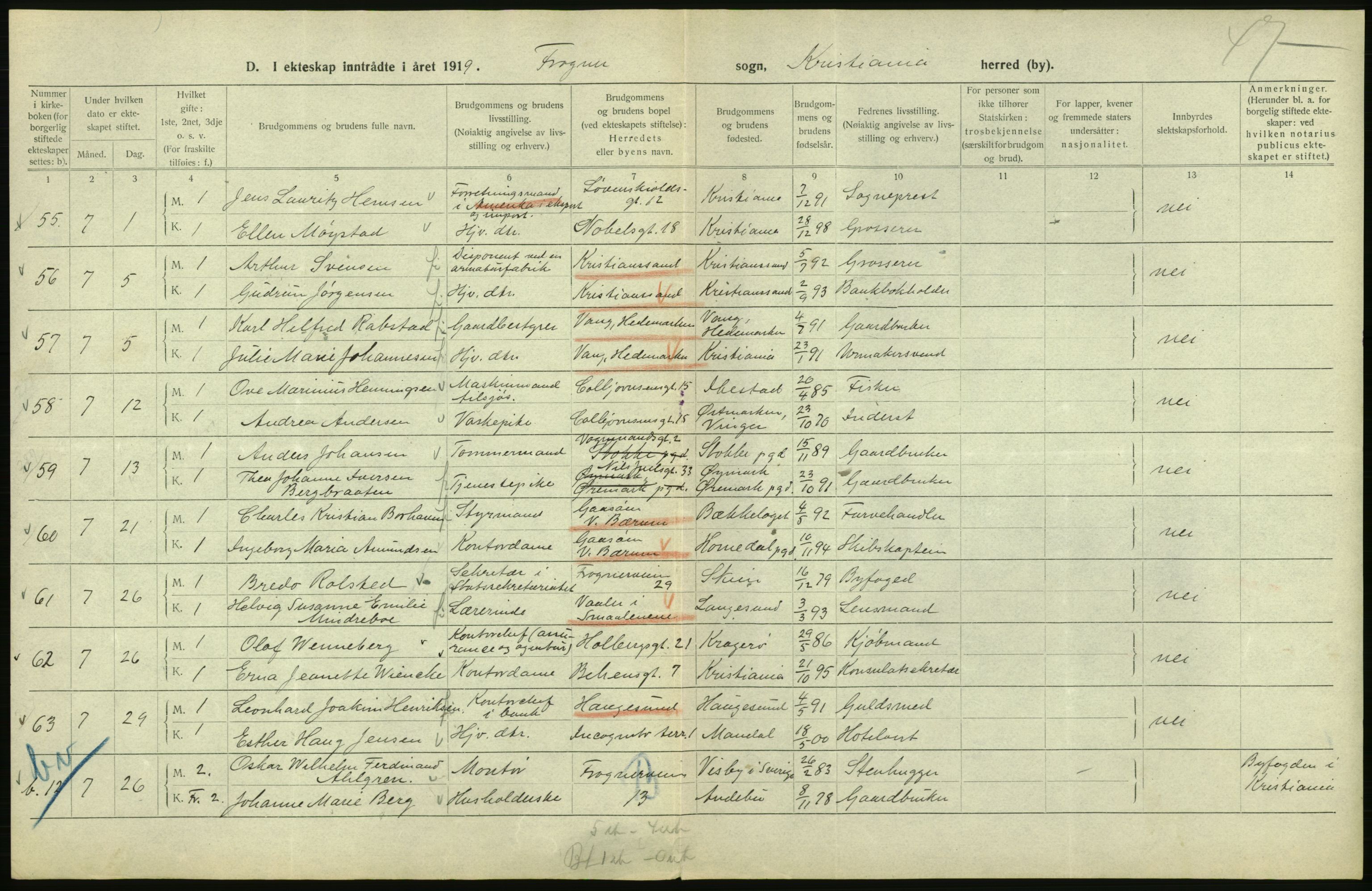 Statistisk sentralbyrå, Sosiodemografiske emner, Befolkning, RA/S-2228/D/Df/Dfb/Dfbi/L0009: Kristiania: Gifte, 1919, p. 186