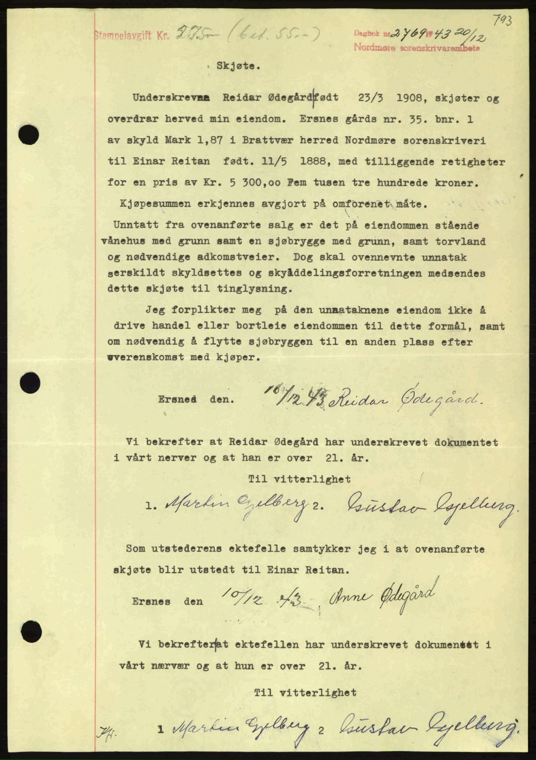 Nordmøre sorenskriveri, SAT/A-4132/1/2/2Ca: Mortgage book no. A96, 1943-1944, Diary no: : 2769/1943