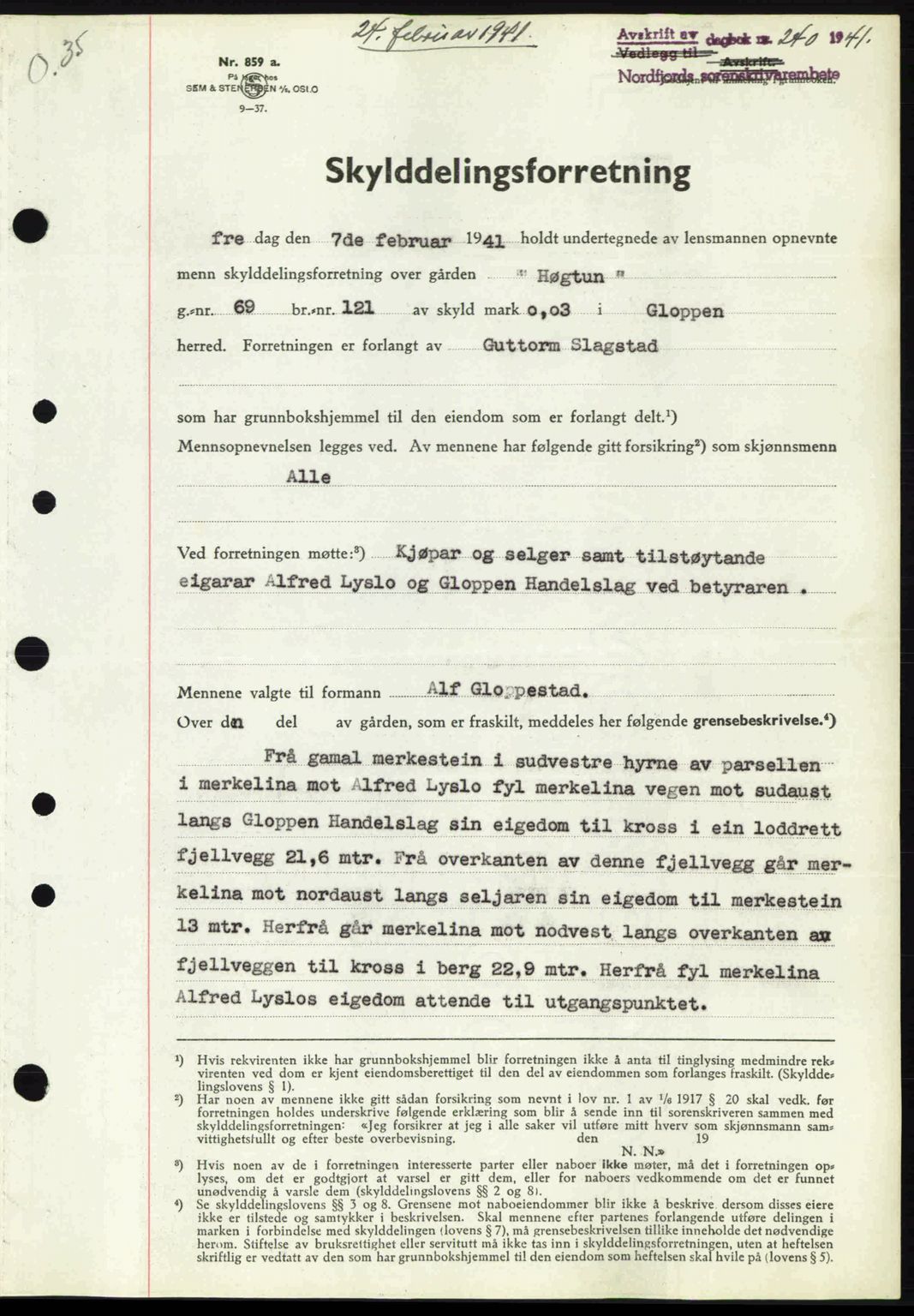 Nordfjord sorenskriveri, AV/SAB-A-2801/02/02b/02bj/L0006: Mortgage book no. A6, 1940-1941, Diary no: : 240/1941