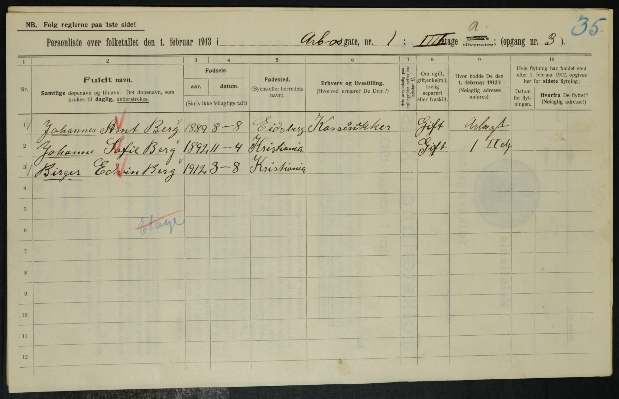 OBA, Municipal Census 1913 for Kristiania, 1913, p. 1627