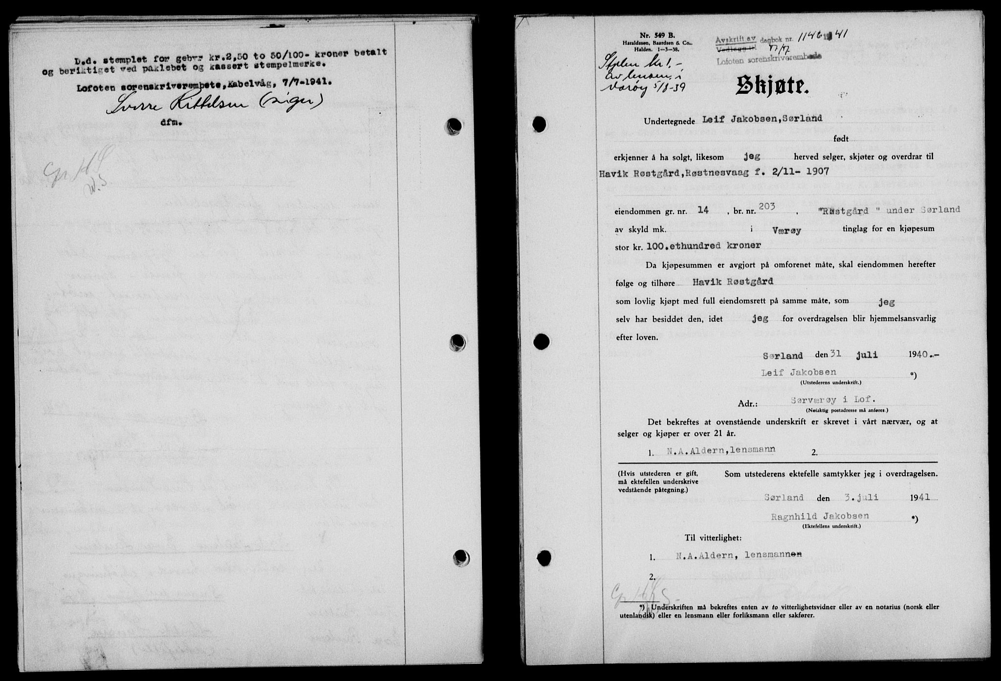 Lofoten sorenskriveri, SAT/A-0017/1/2/2C/L0008a: Mortgage book no. 8a, 1940-1941, Diary no: : 1146/1941