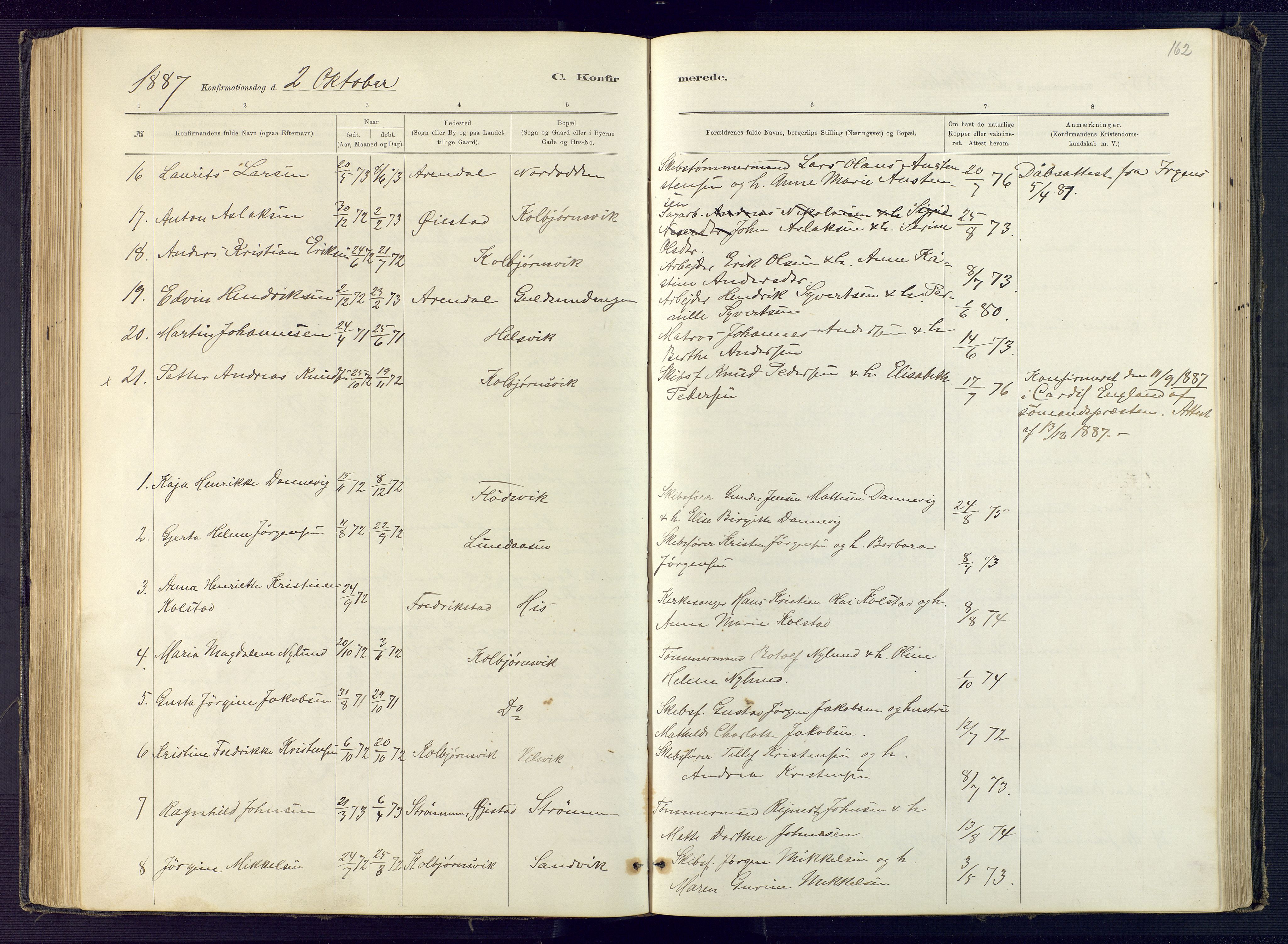 Hisøy sokneprestkontor, SAK/1111-0020/F/Fb/L0003: Parish register (copy) no. B 3, 1885-1905, p. 162