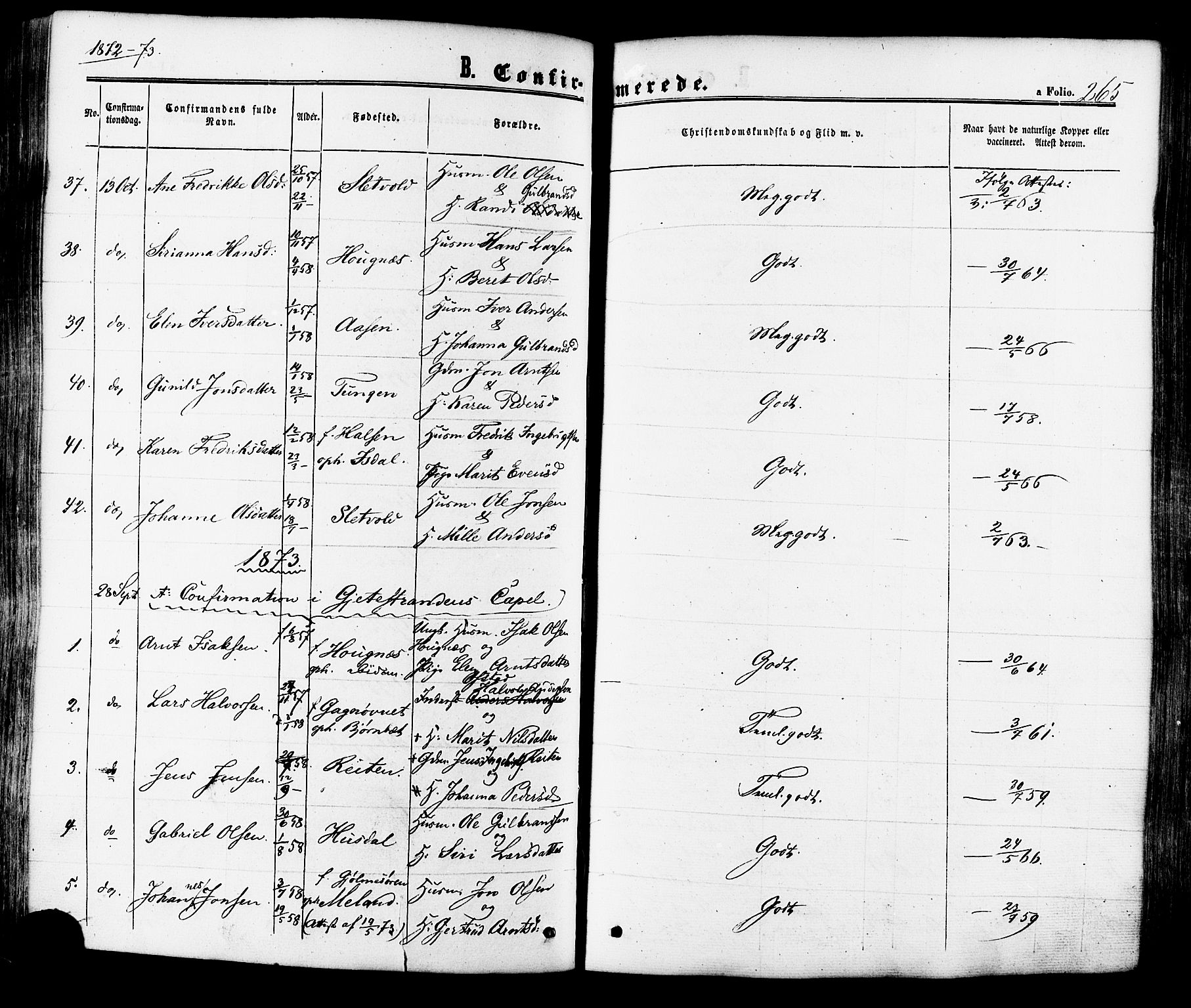 Ministerialprotokoller, klokkerbøker og fødselsregistre - Sør-Trøndelag, AV/SAT-A-1456/665/L0772: Parish register (official) no. 665A07, 1856-1878, p. 265