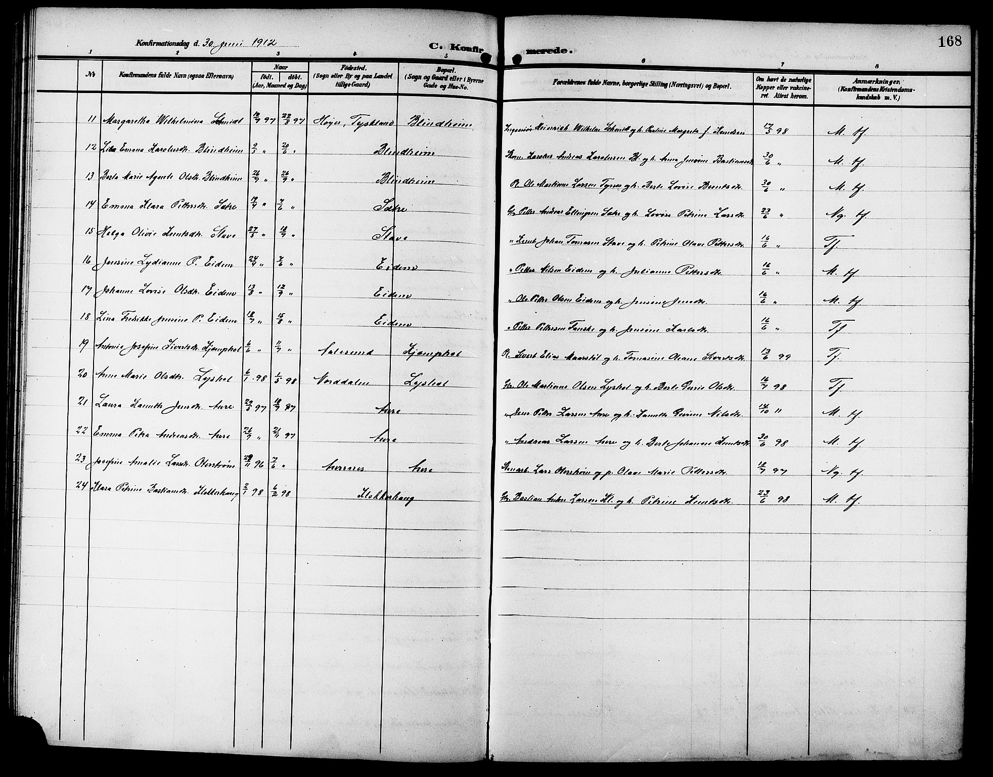 Ministerialprotokoller, klokkerbøker og fødselsregistre - Møre og Romsdal, SAT/A-1454/523/L0341: Parish register (copy) no. 523C04, 1903-1916, p. 168