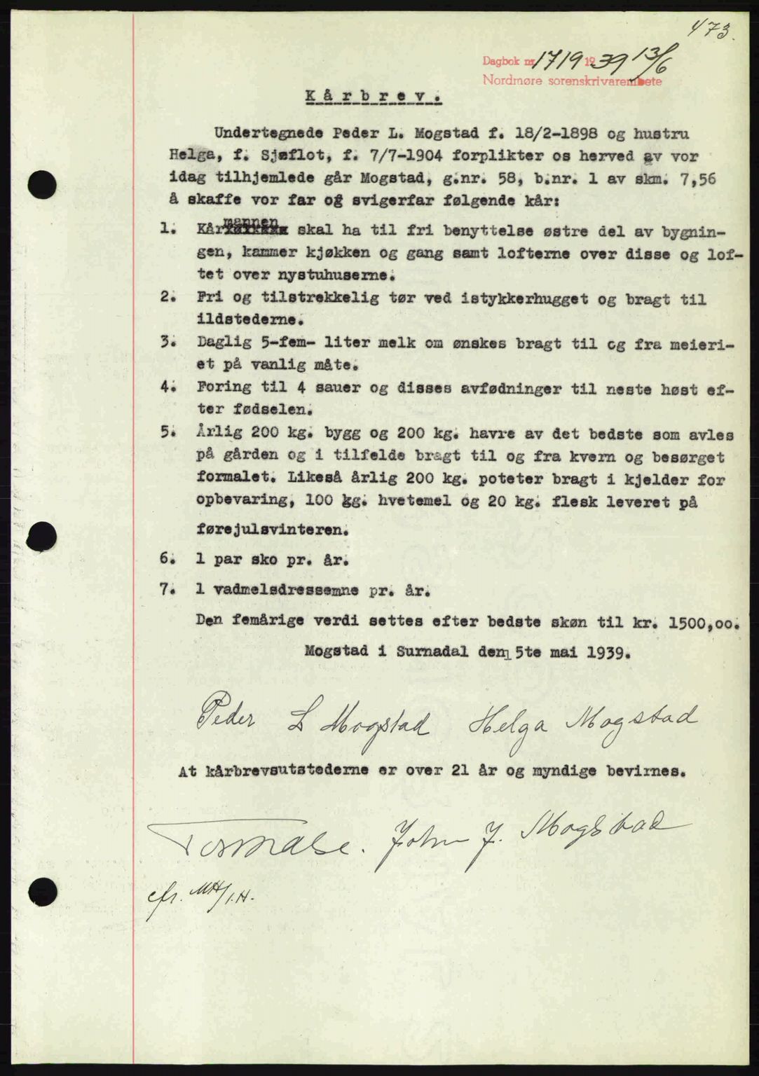 Nordmøre sorenskriveri, AV/SAT-A-4132/1/2/2Ca: Mortgage book no. B85, 1939-1939, Diary no: : 1716/1939