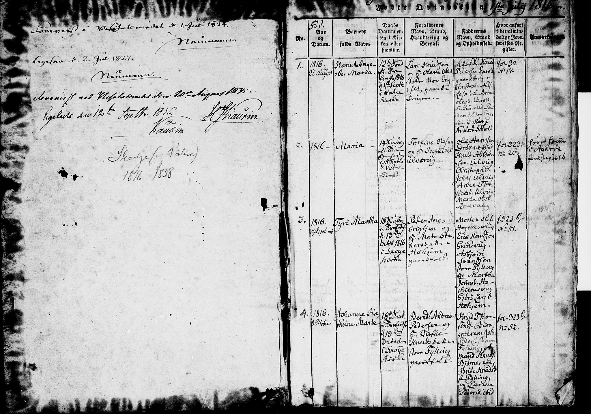 Ministerialprotokoller, klokkerbøker og fødselsregistre - Møre og Romsdal, SAT/A-1454/524/L0351: Parish register (official) no. 524A03, 1816-1838, p. 1