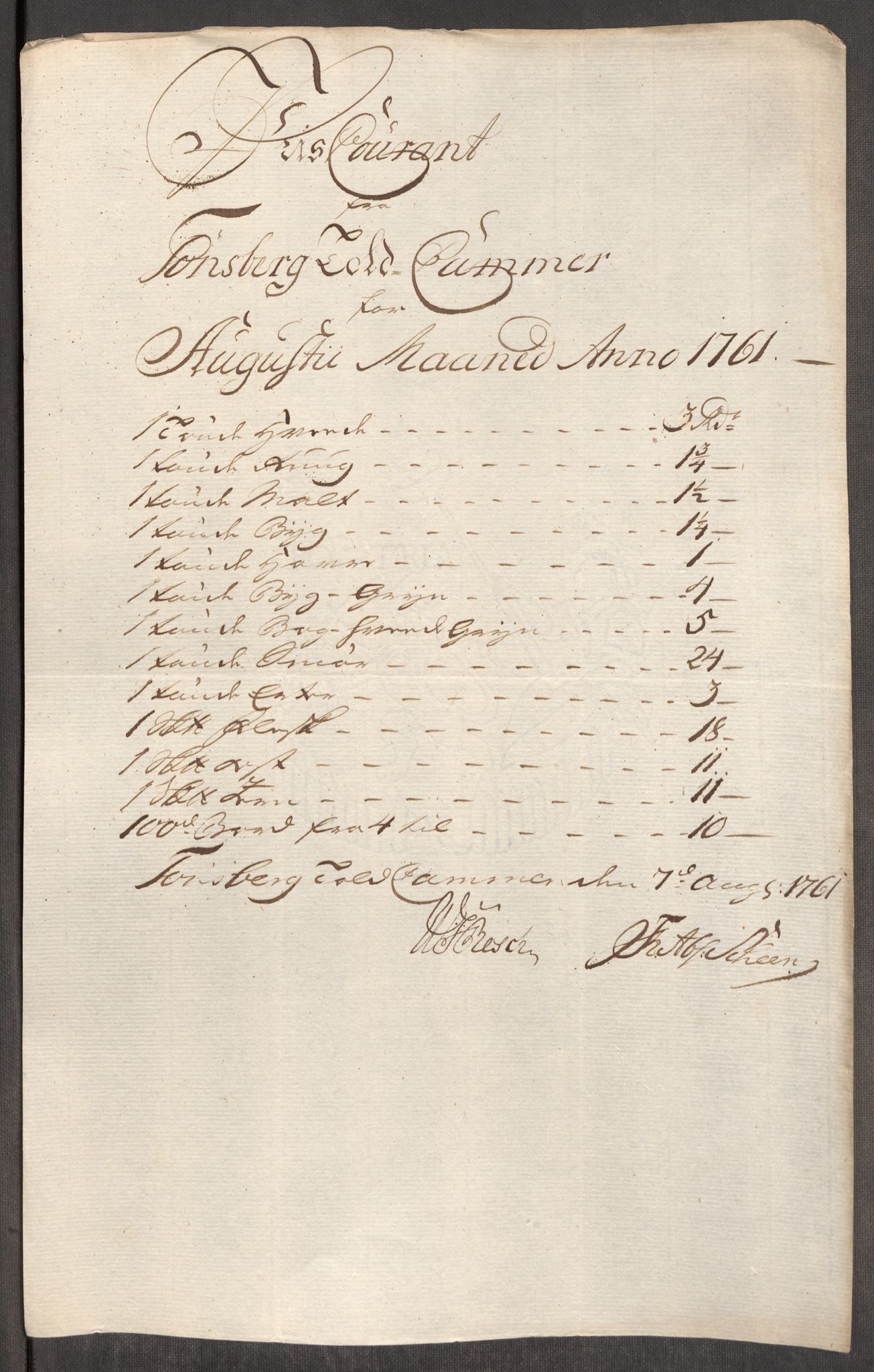 Rentekammeret inntil 1814, Realistisk ordnet avdeling, AV/RA-EA-4070/Oe/L0007: [Ø1]: Priskuranter, 1761-1763, p. 156