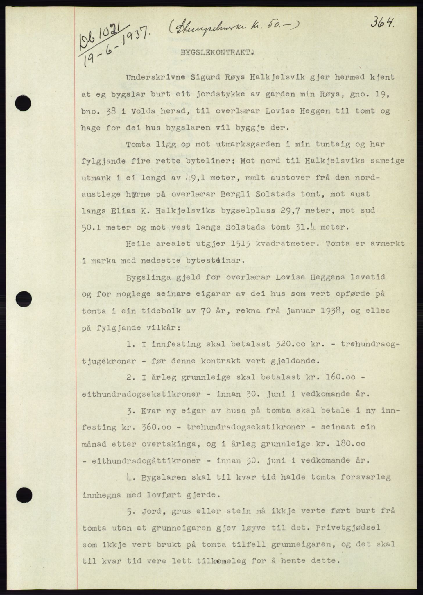 Søre Sunnmøre sorenskriveri, AV/SAT-A-4122/1/2/2C/L0063: Mortgage book no. 57, 1937-1937, Diary no: : 1021/1937