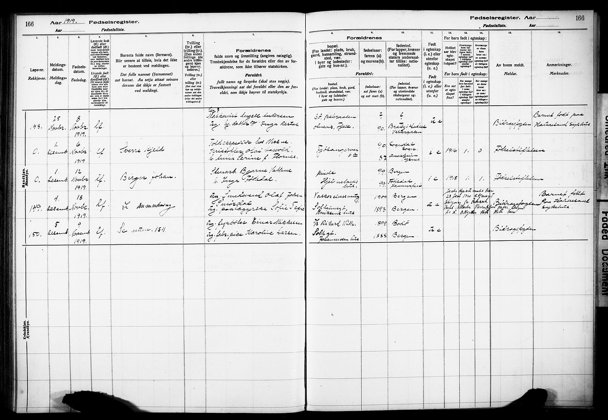 Årstad Sokneprestembete, AV/SAB-A-79301/I/Id/L0A01: Birth register no. A 1, 1916-1920, p. 166