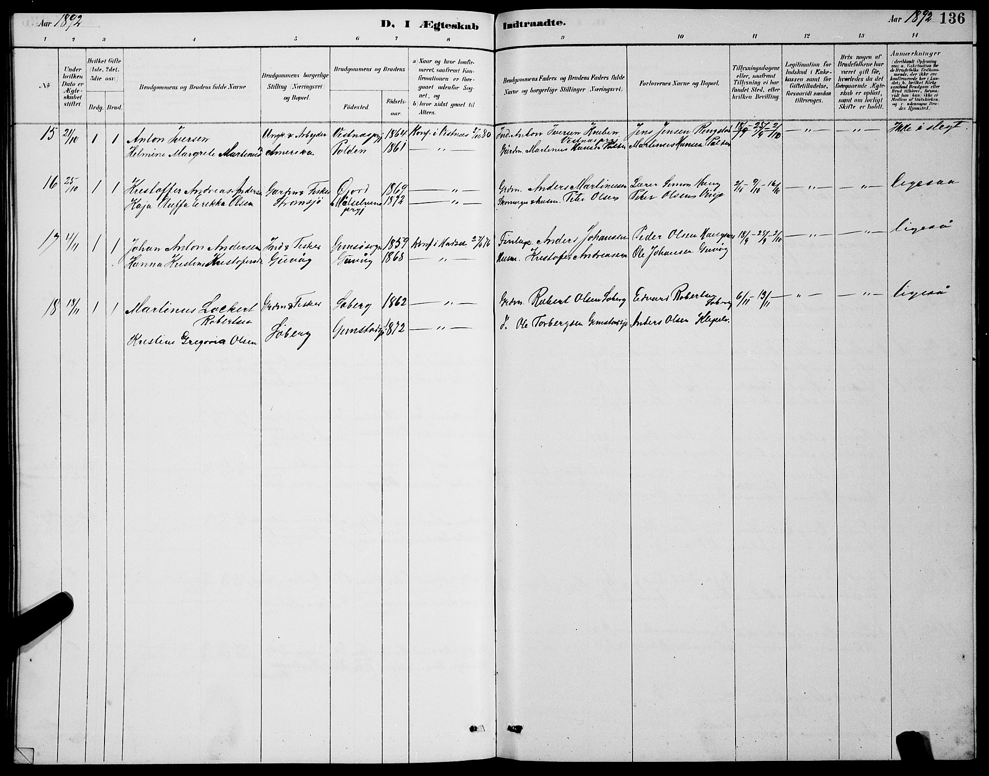 Ministerialprotokoller, klokkerbøker og fødselsregistre - Nordland, AV/SAT-A-1459/891/L1315: Parish register (copy) no. 891C04, 1886-1893, p. 136