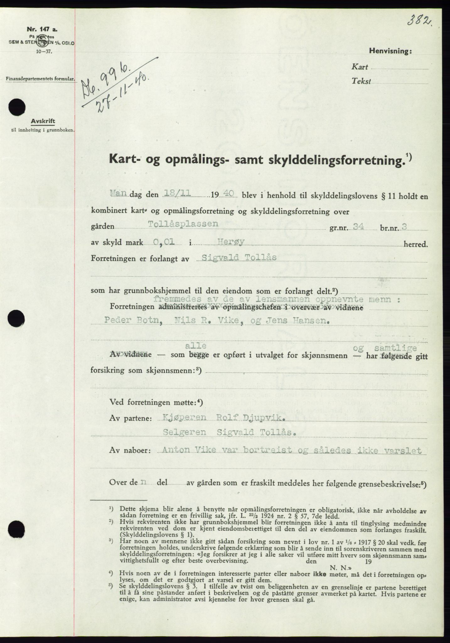 Søre Sunnmøre sorenskriveri, AV/SAT-A-4122/1/2/2C/L0070: Mortgage book no. 64, 1940-1941, Diary no: : 996/1940