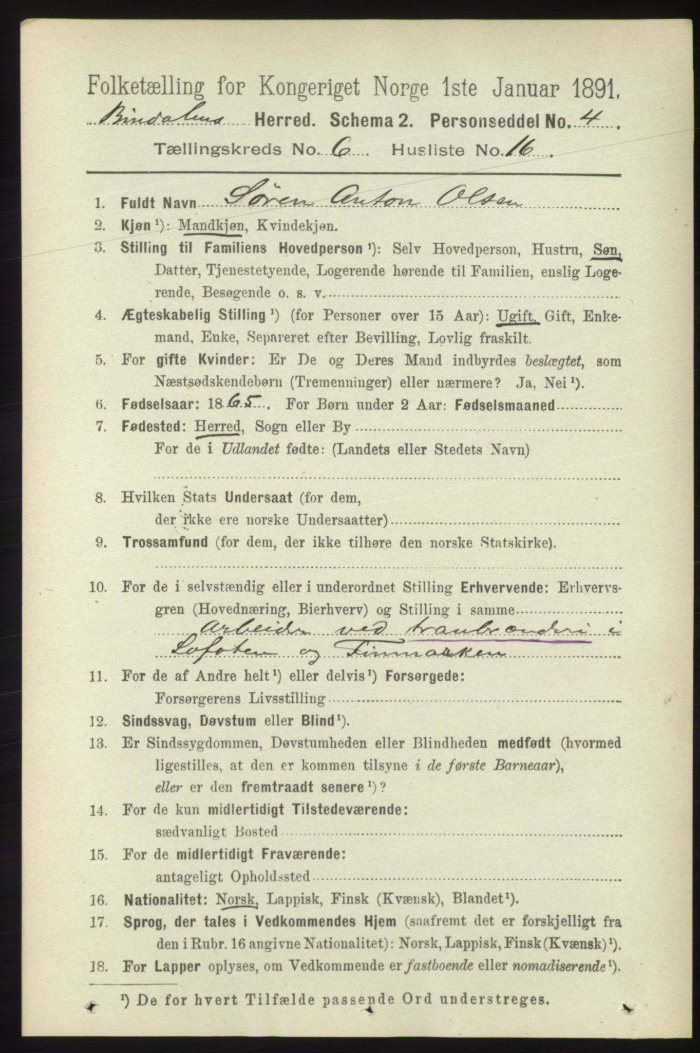 RA, 1891 census for 1811 Bindal, 1891, p. 1822