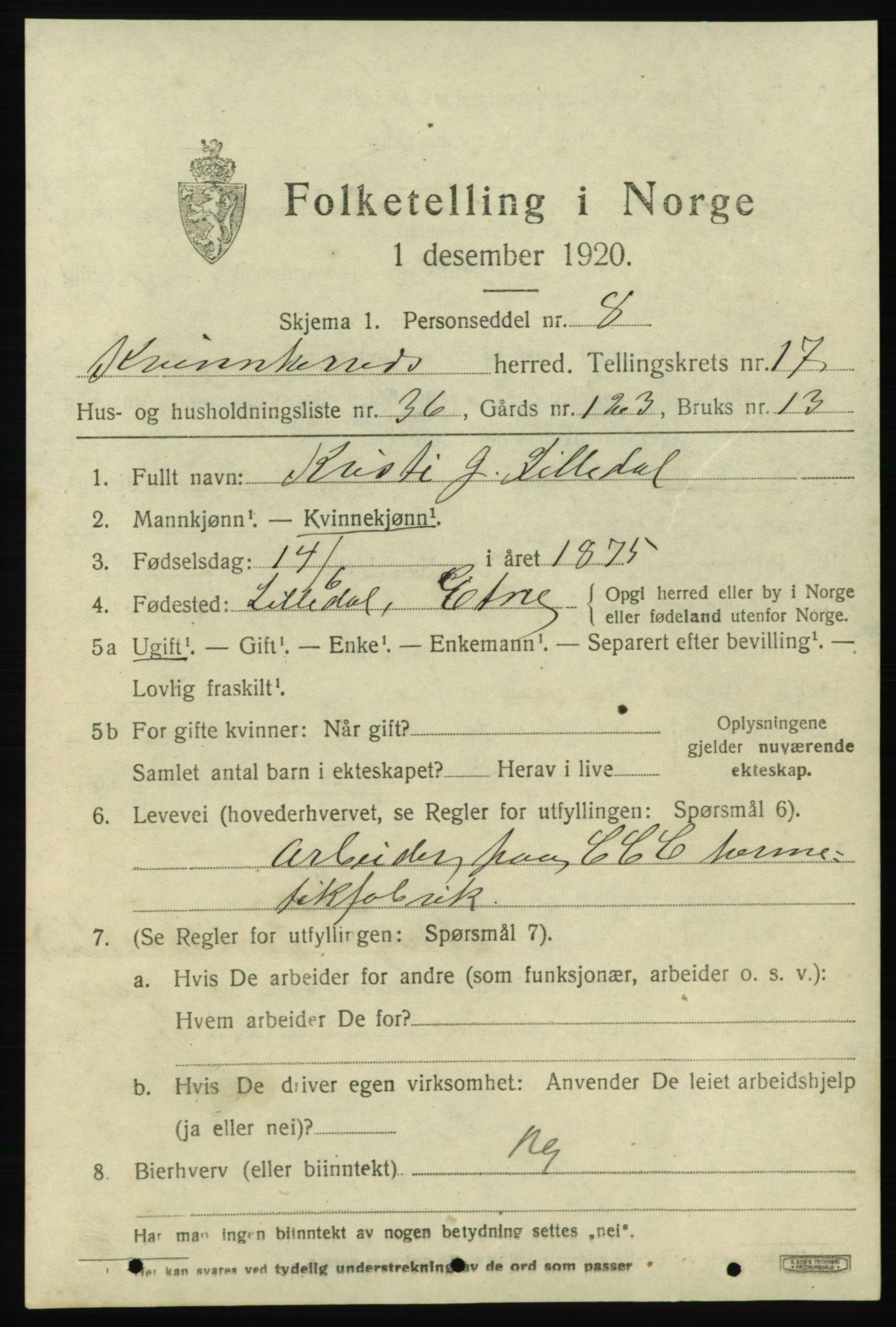 SAB, 1920 census for Kvinnherad, 1920, p. 10896