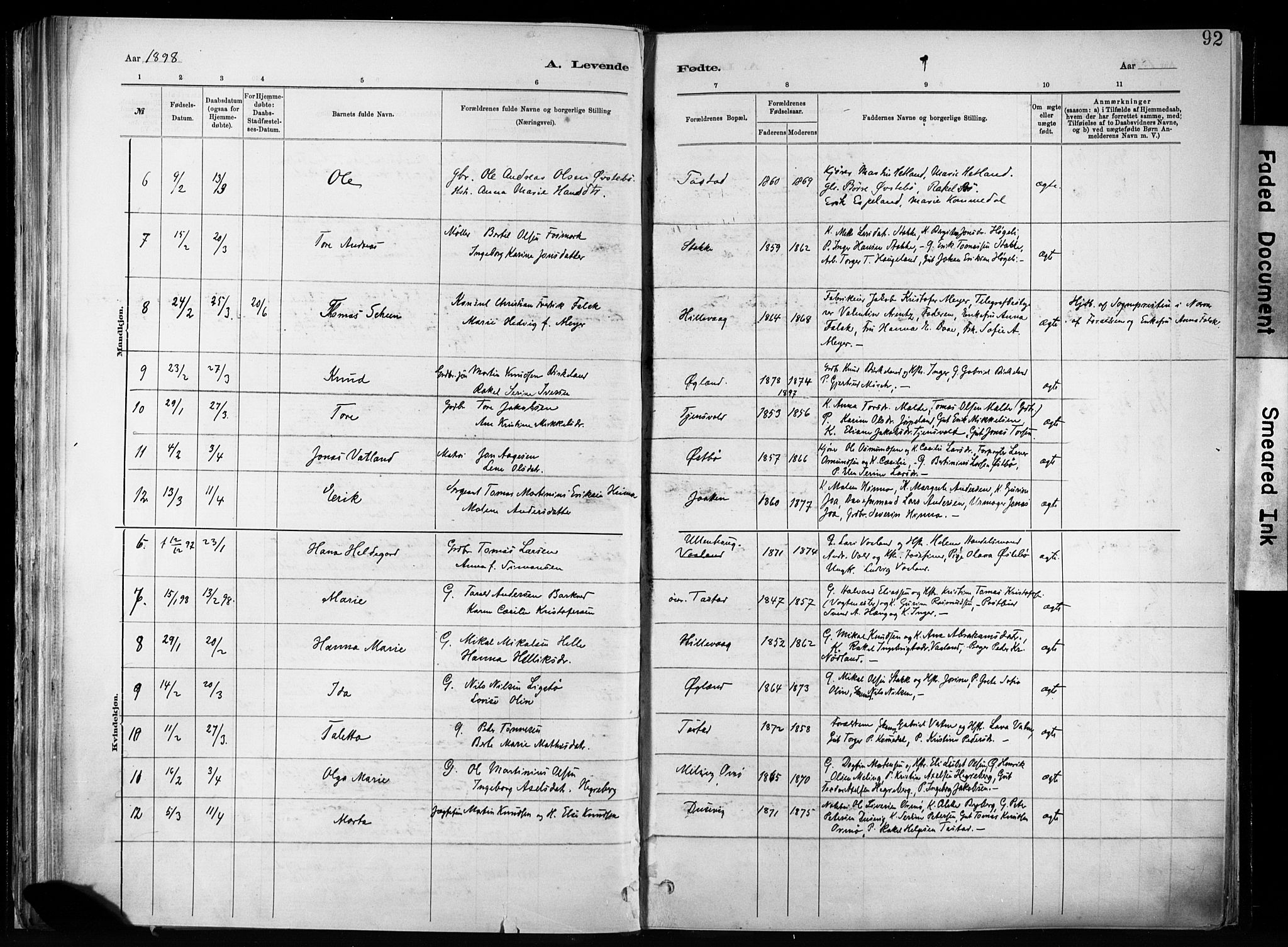Hetland sokneprestkontor, SAST/A-101826/30/30BA/L0011: Parish register (official) no. A 11, 1884-1911, p. 92