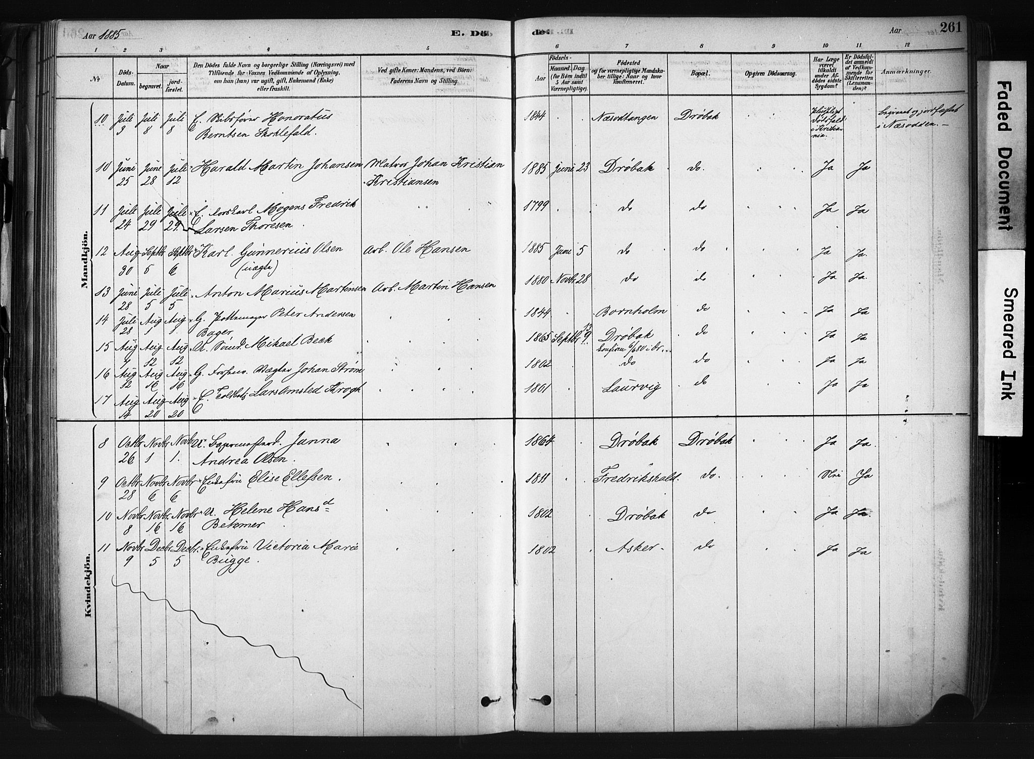 Drøbak prestekontor Kirkebøker, AV/SAO-A-10142a/F/Fb/L0001: Parish register (official) no. II 1, 1878-1891, p. 261