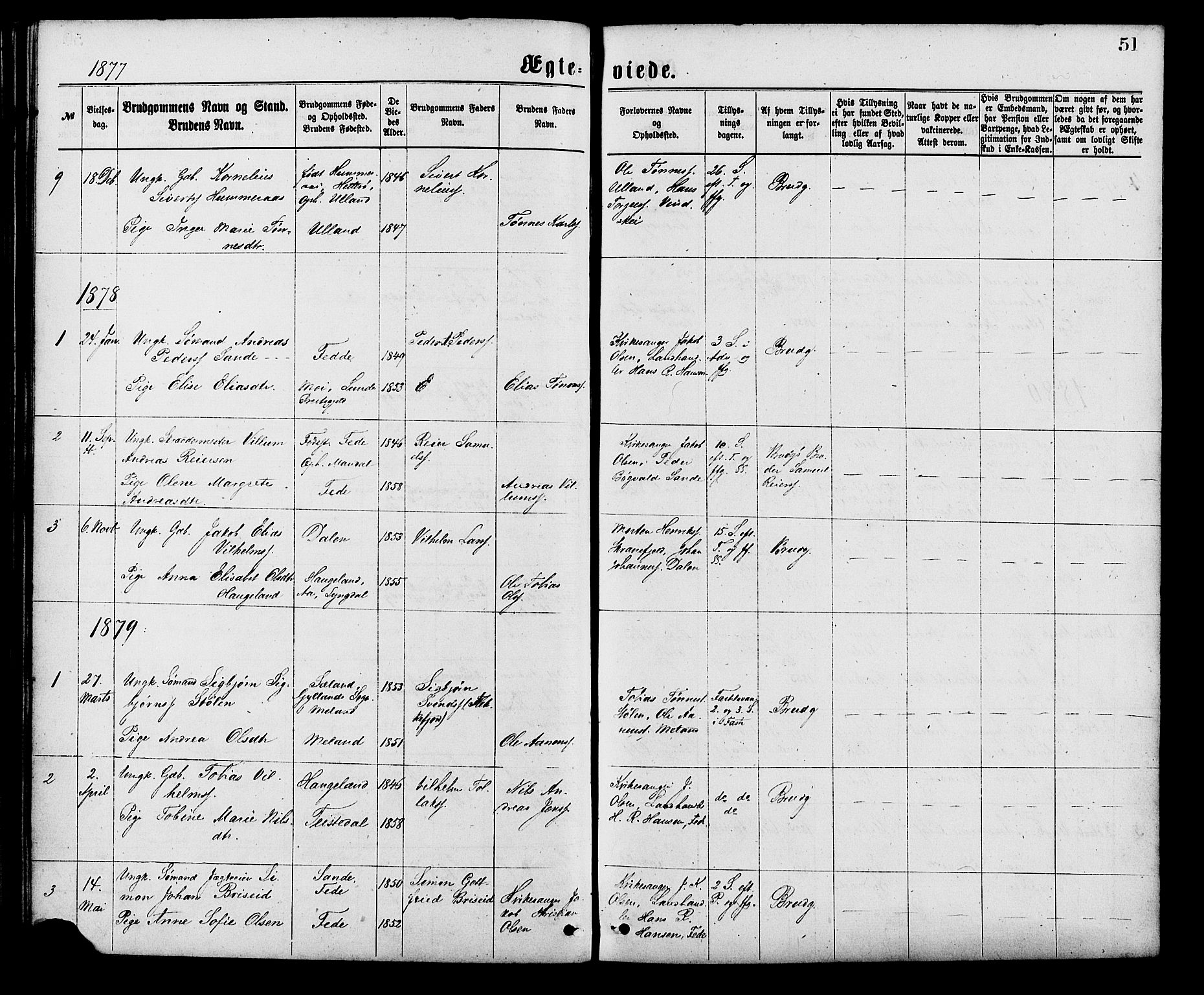 Kvinesdal sokneprestkontor, AV/SAK-1111-0026/F/Fa/Faa/L0003: Parish register (official) no. A 3, 1877-1882, p. 51