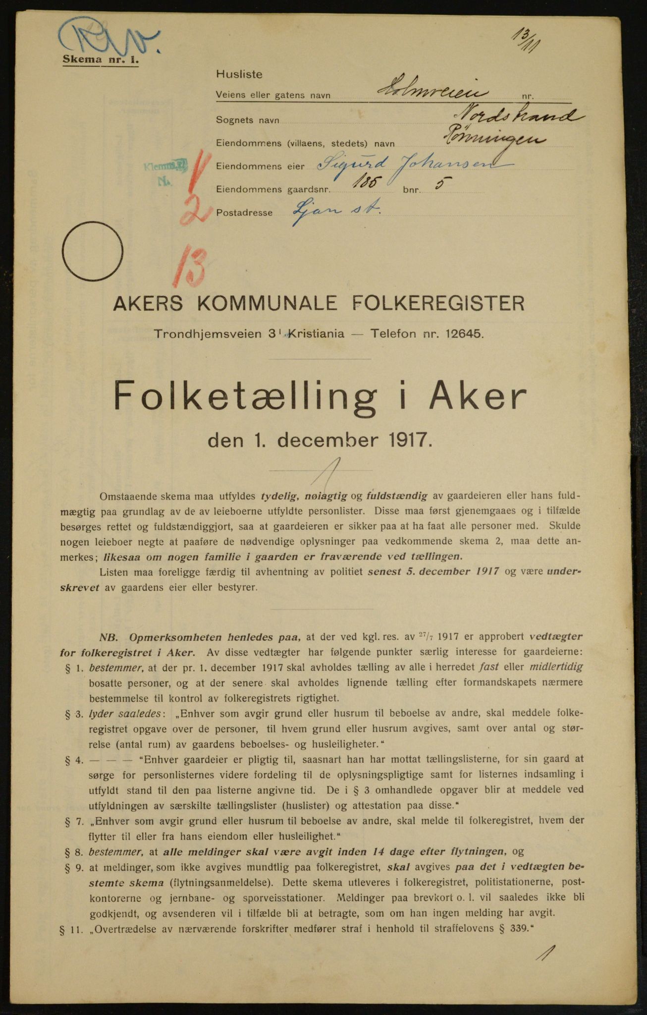 OBA, Municipal Census 1917 for Aker, 1917, p. 16345
