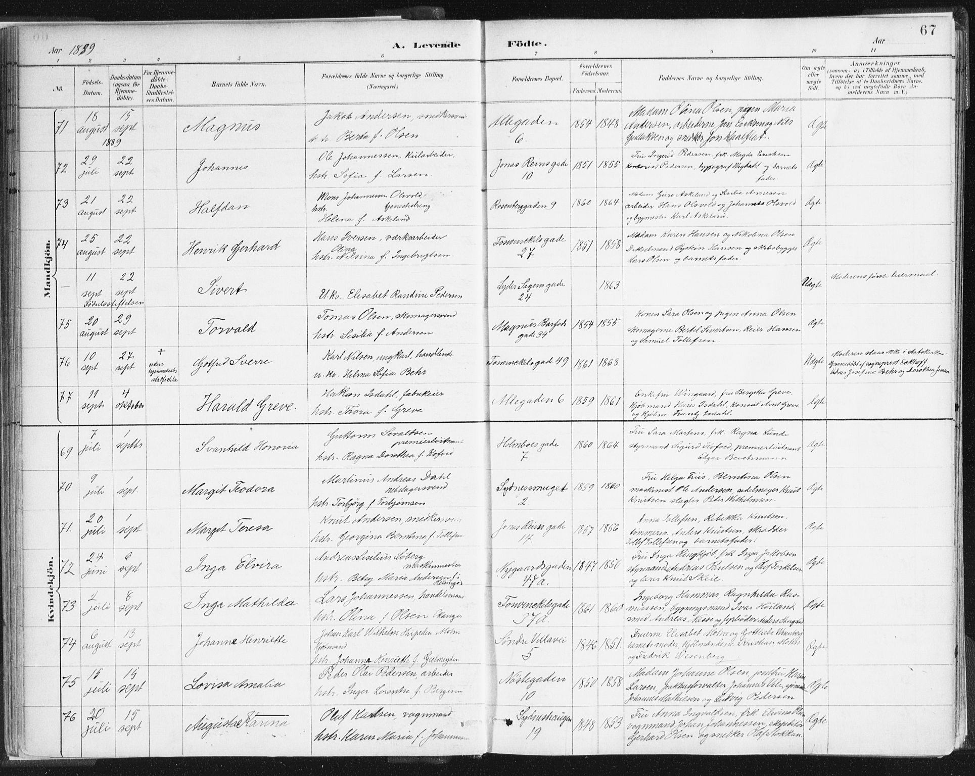 Johanneskirken sokneprestembete, AV/SAB-A-76001/H/Haa/L0001: Parish register (official) no. A 1, 1885-1900, p. 67