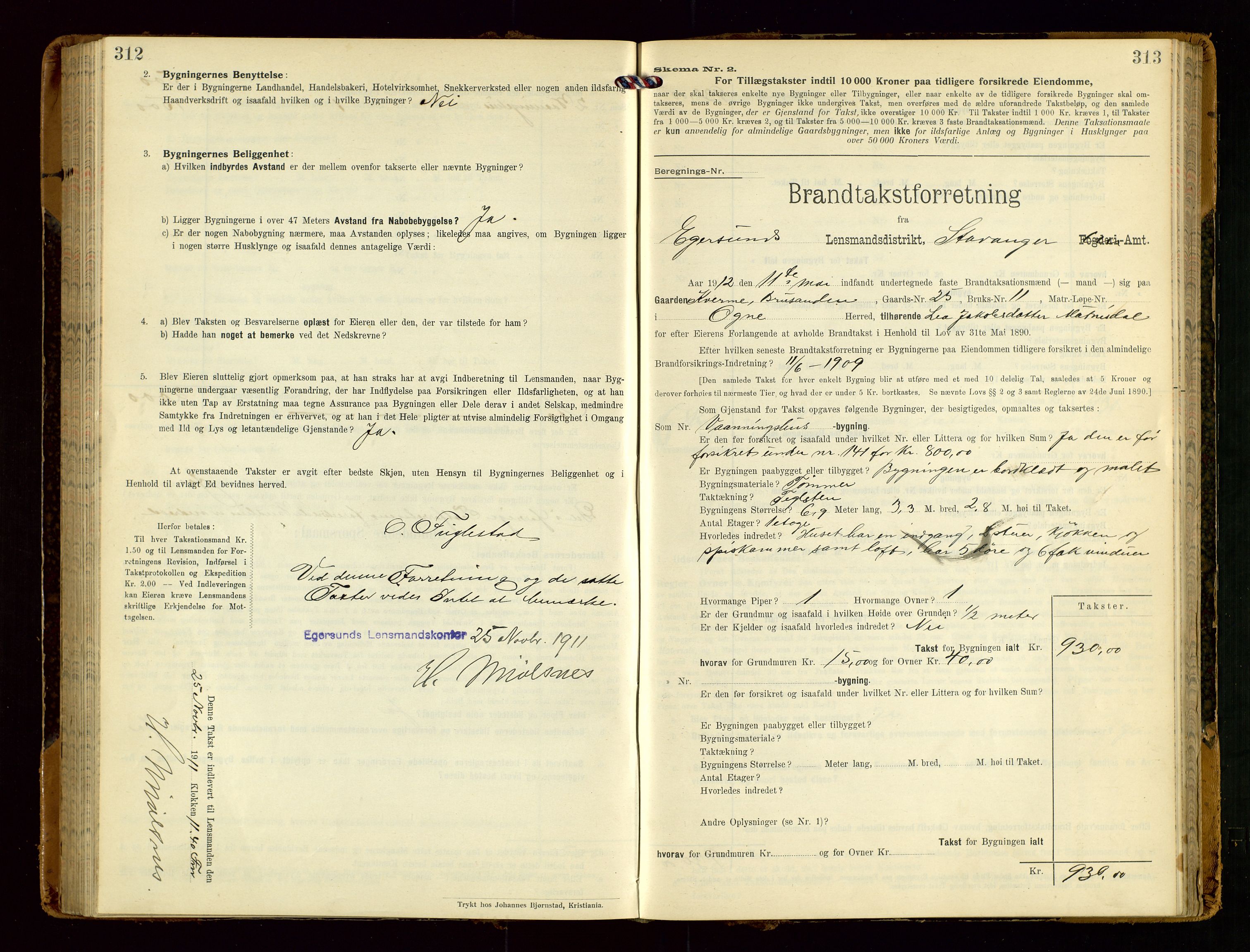 Eigersund lensmannskontor, SAST/A-100171/Gob/L0002: "Brandtakstprotokol", 1910-1916, p. 312-313