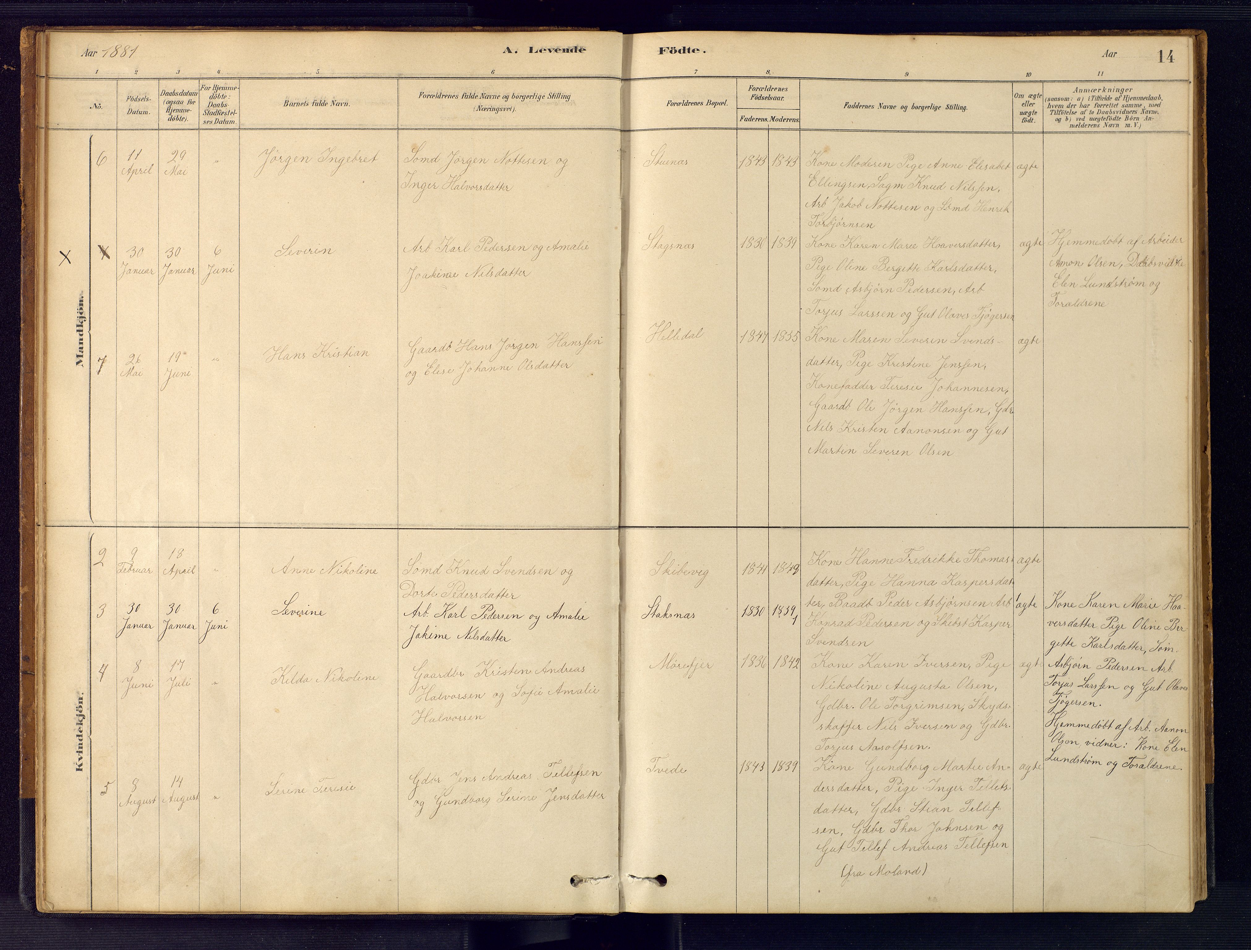 Austre Moland sokneprestkontor, AV/SAK-1111-0001/F/Fb/Fbb/L0001: Parish register (copy) no. B 1, 1878-1904, p. 14