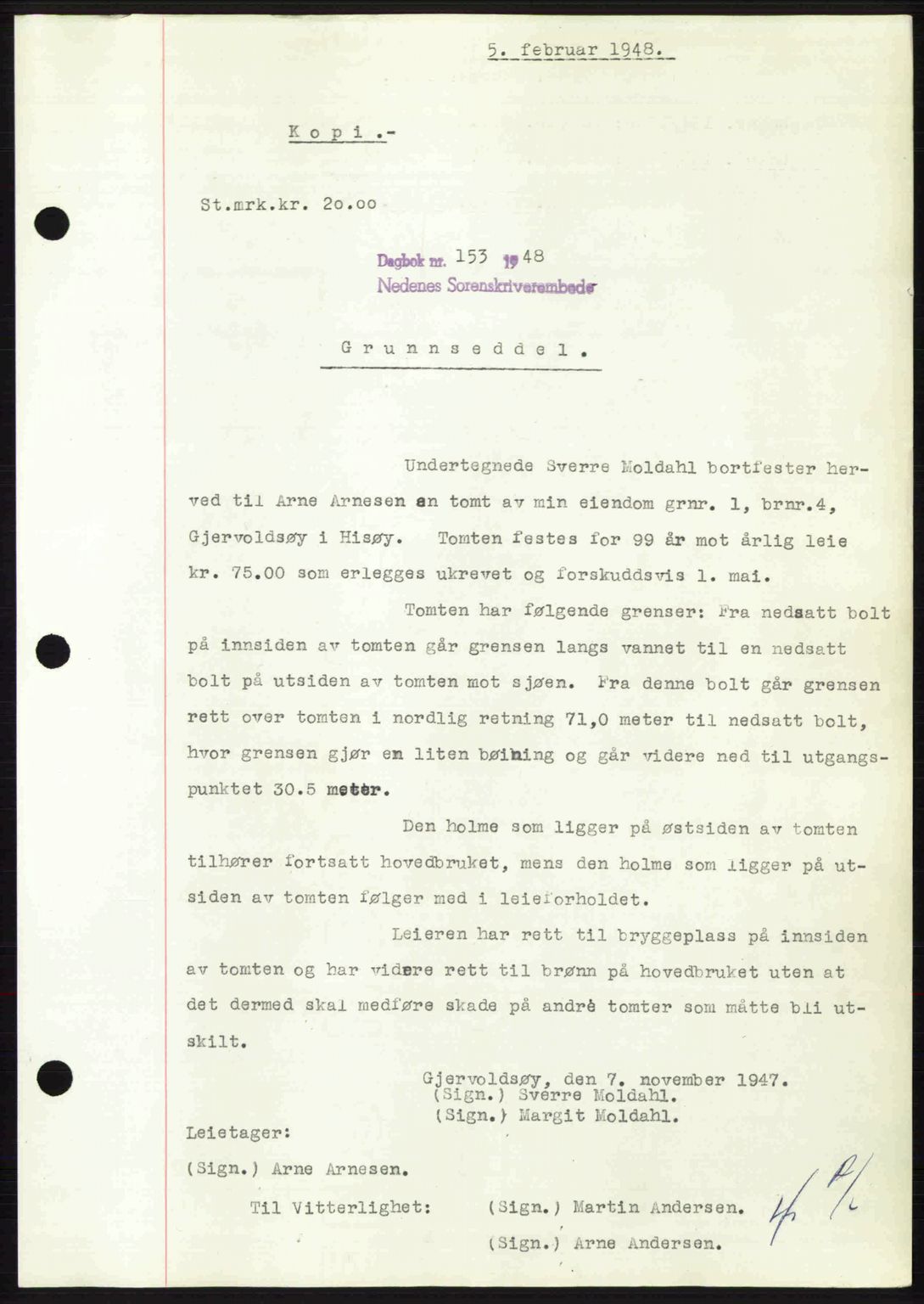 Nedenes sorenskriveri, SAK/1221-0006/G/Gb/Gba/L0058: Mortgage book no. A10, 1947-1948, Diary no: : 153/1948