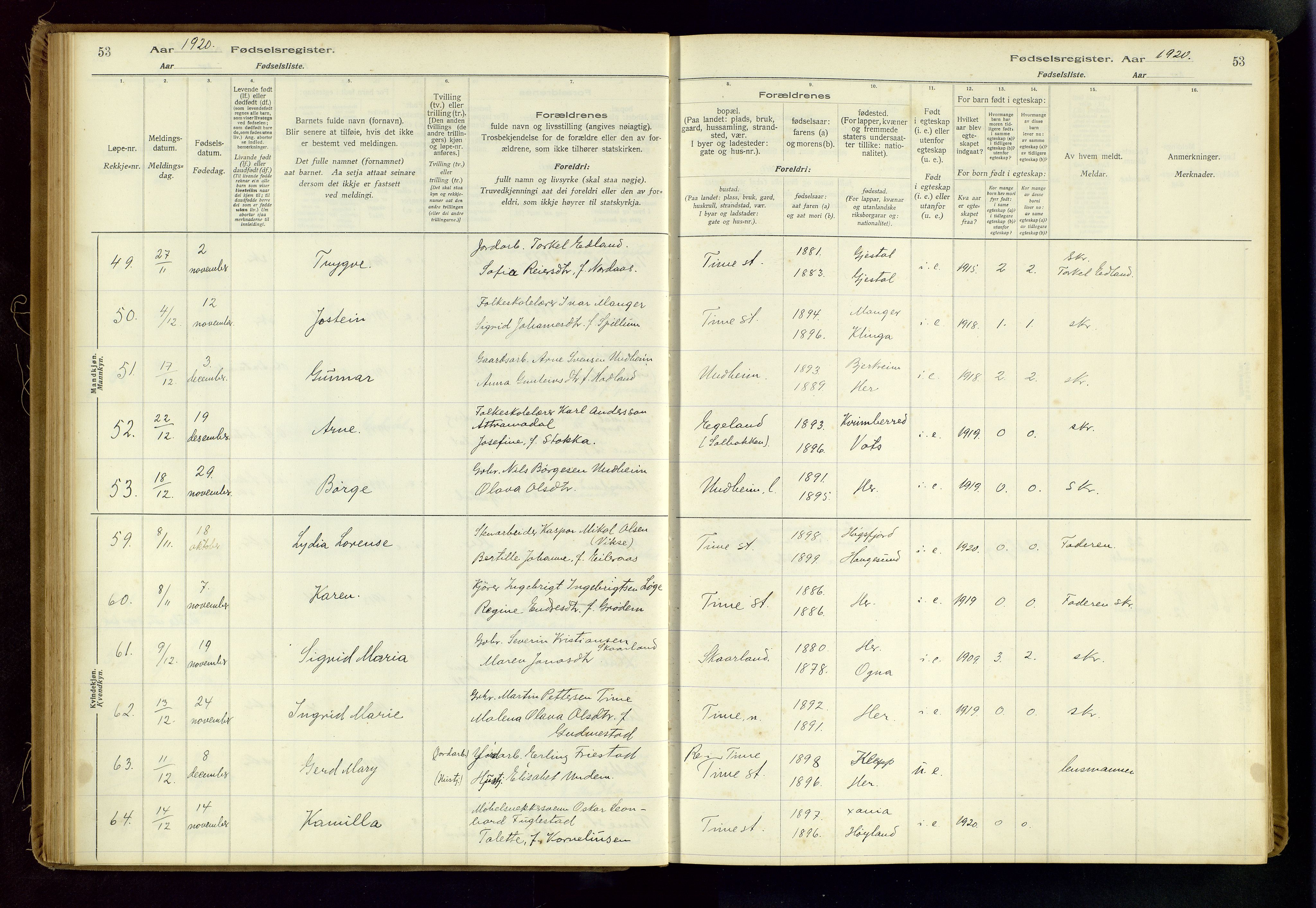 Time sokneprestkontor, AV/SAST-A-101795/001/704BA/L0001: Birth register no. 1, 1916-1934, p. 53