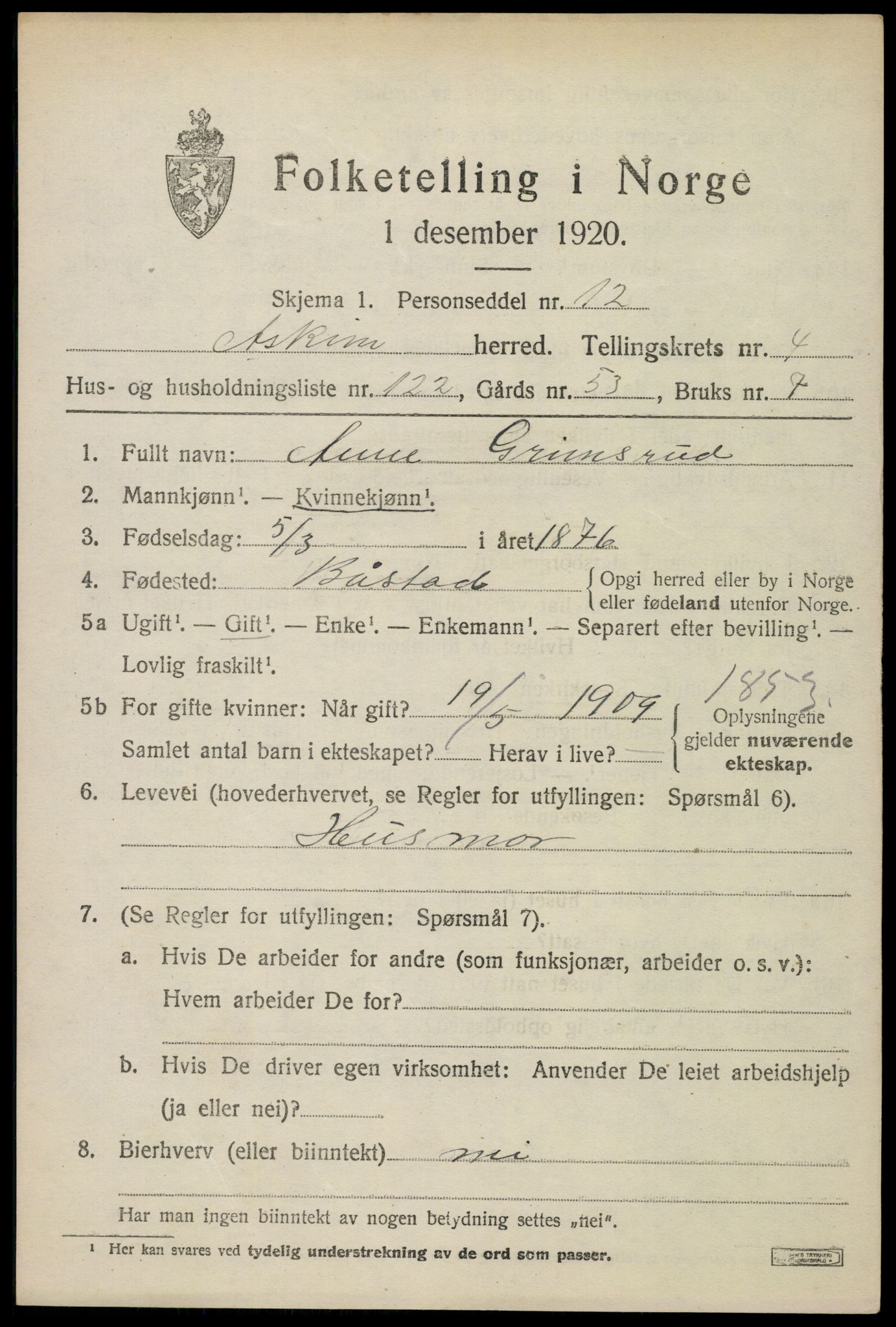 SAO, 1920 census for Askim, 1920, p. 9469